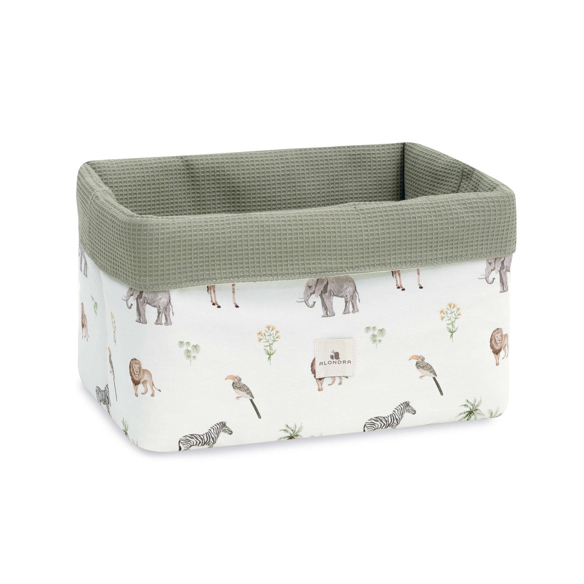 Cesta de tela para productos de bebé en color blanco estampado animales jungla