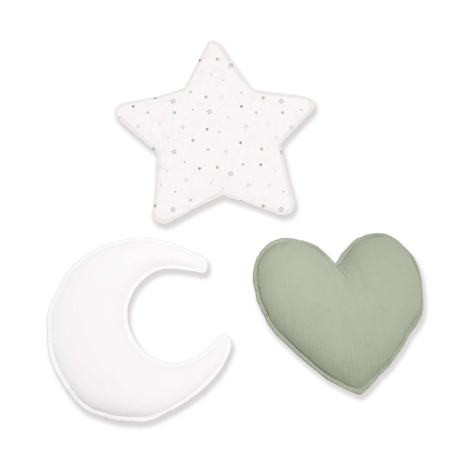 Set 3 cojines (luna, estrella, corazón) verde-oliva · Mist 693A-156