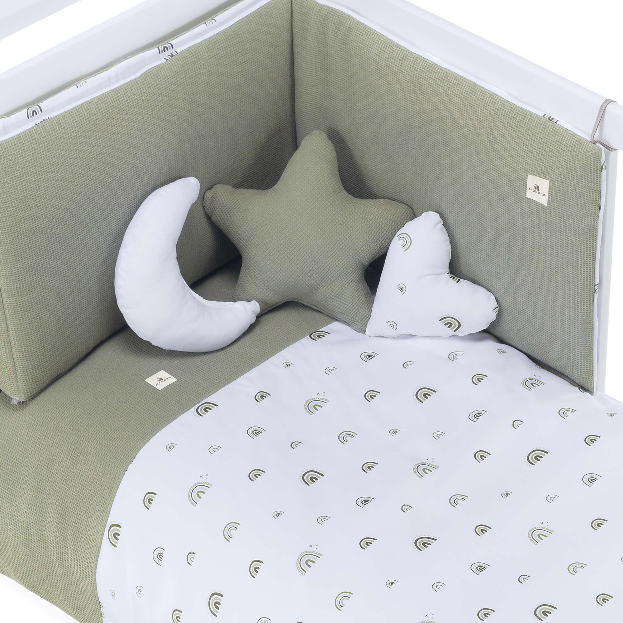 Set textil para cuna de bebe en blanco y verde-oliva con estampado de arcoíris