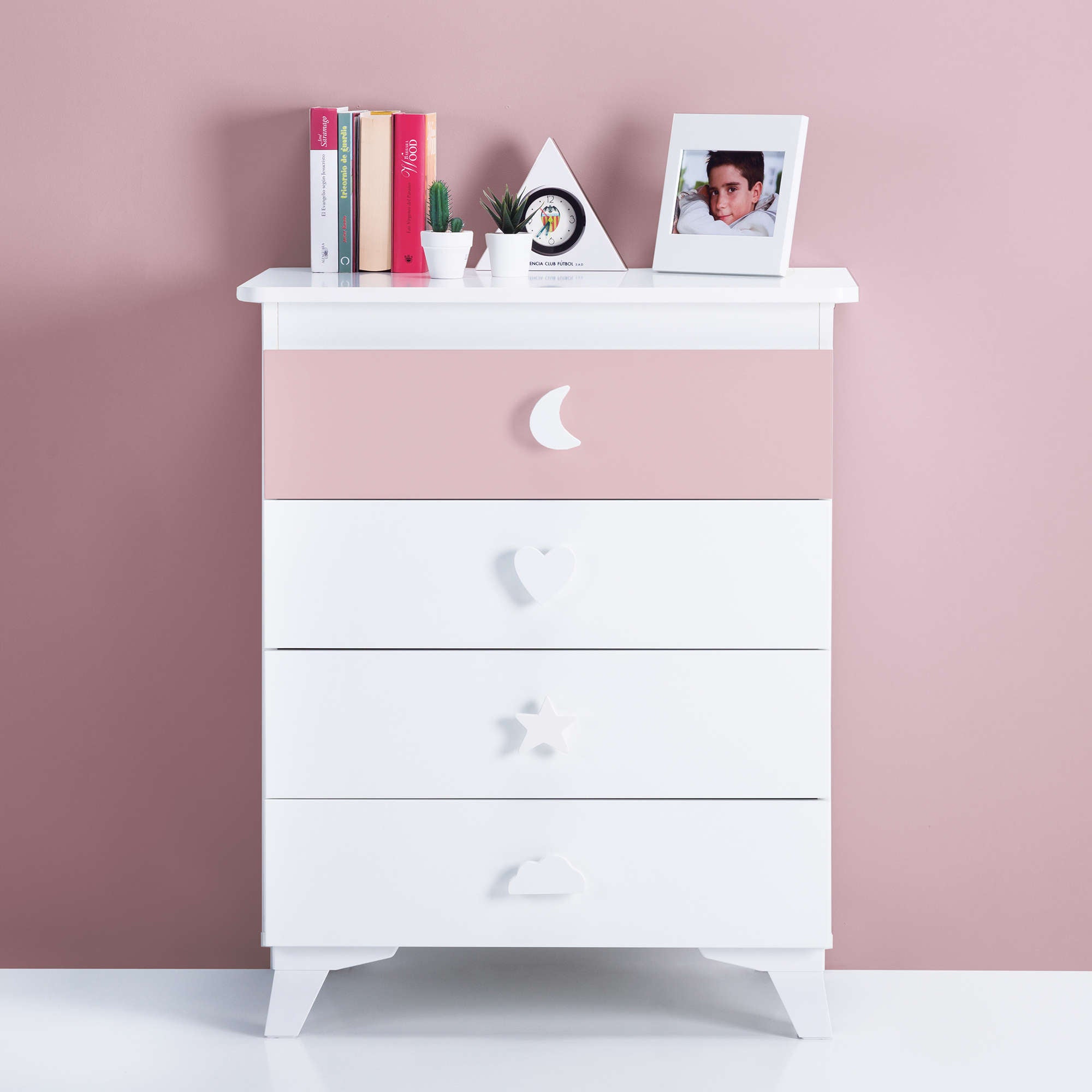 Bañera-cómoda para bebés en blanco con pomos en motivos infantiles