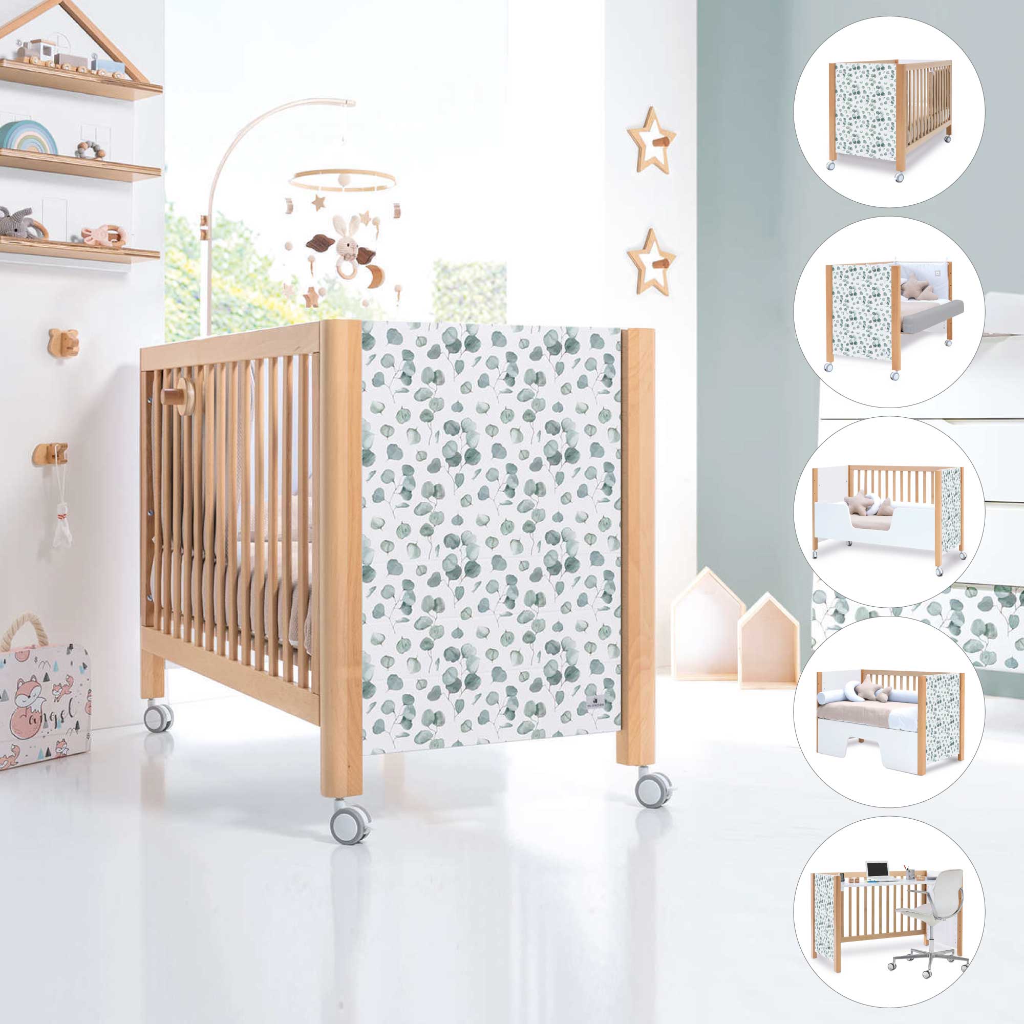 Cuna 60x120 cm madera con vinilo hojas eucalipto · Ombra Musgo C167V-M9577-118