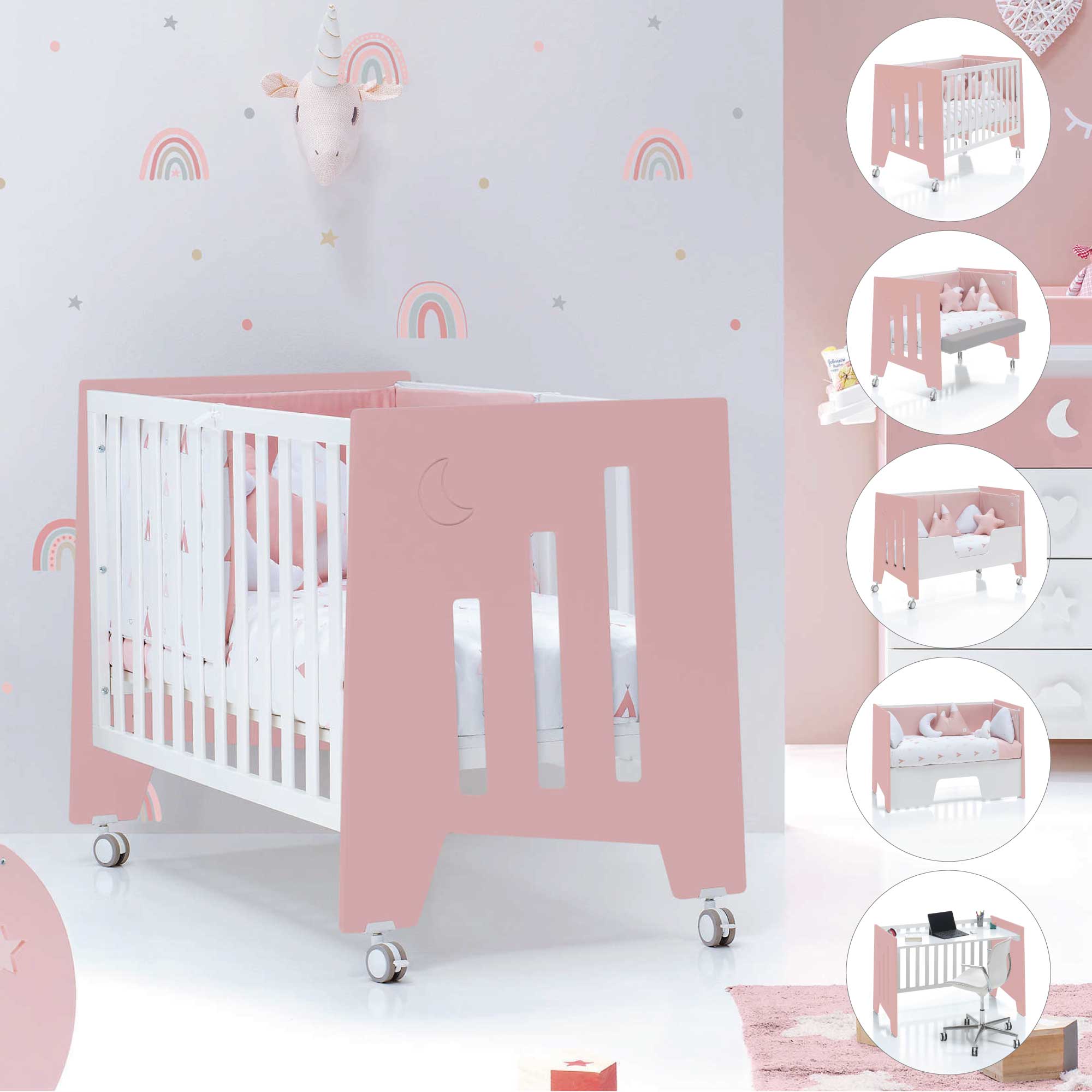 Cuna colecho 60x120 cm (5en1) rosa/blanco · Omni Due Quarzo C181D-M7759