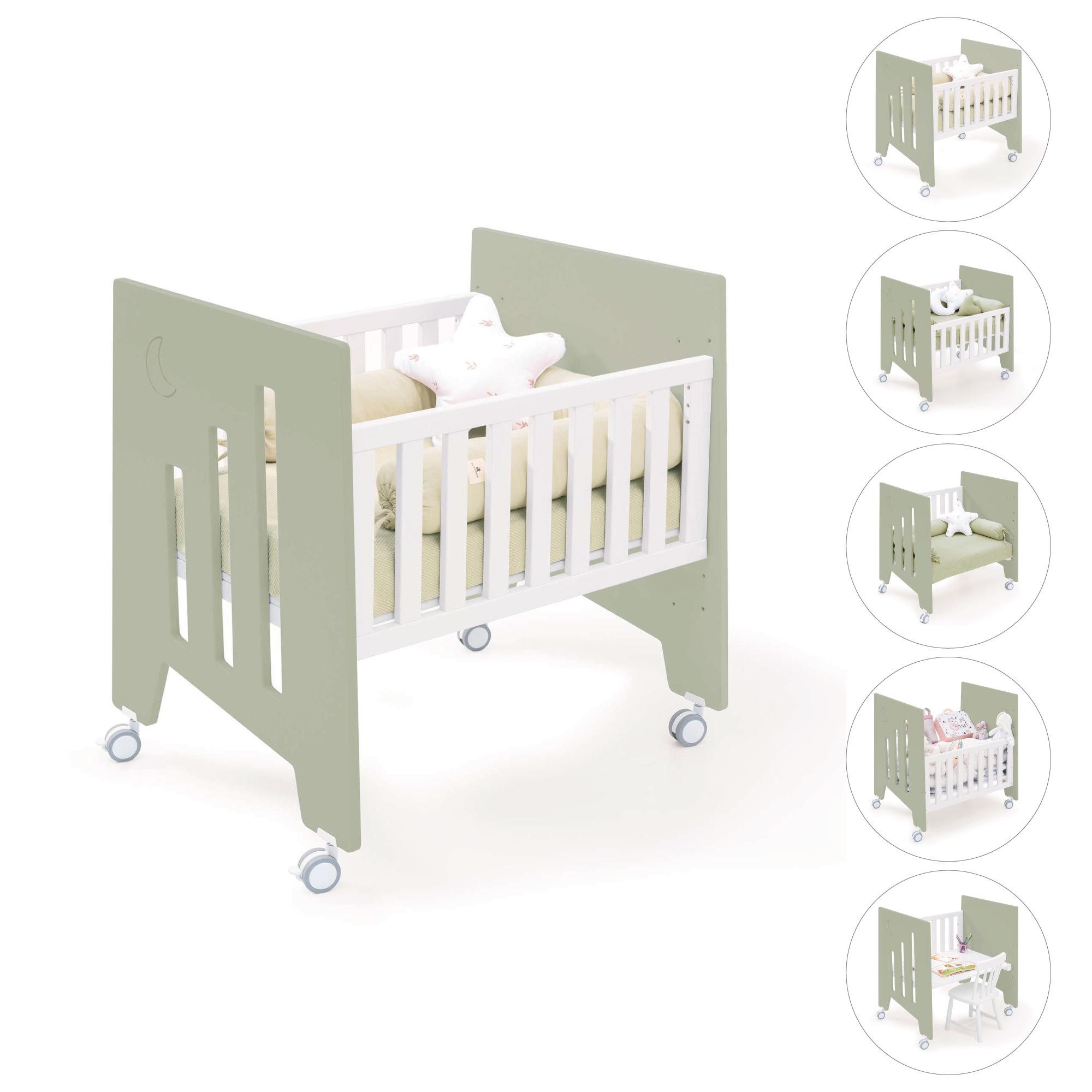 Minicuna colecho (5en1) con ruedas 60x80 cm verde-oliva · Omni Uno Erba C181A-M7756