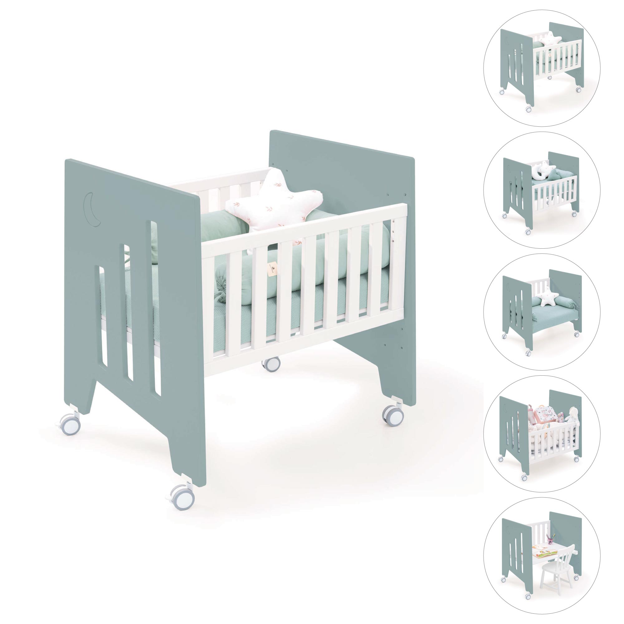 Minicuna colecho (5en1) con ruedas 60x80 cm verde eucalipto · Omni Uno Eucalyptus C181A-M7757