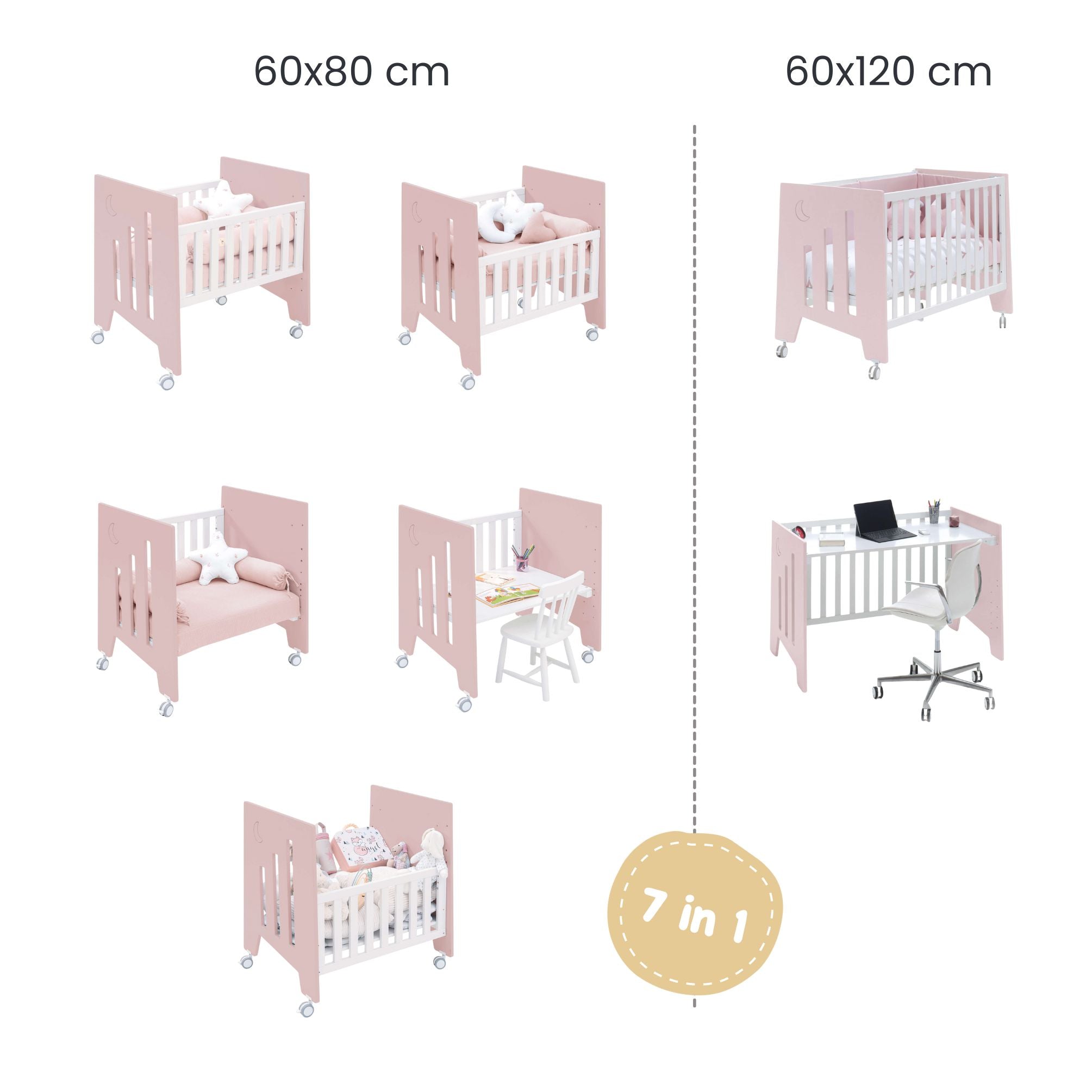 Minicuna 60x80 cm y cuna 60x120 cm (7en1) rosa claro · Omni Tre Flamingo C181T-M7742