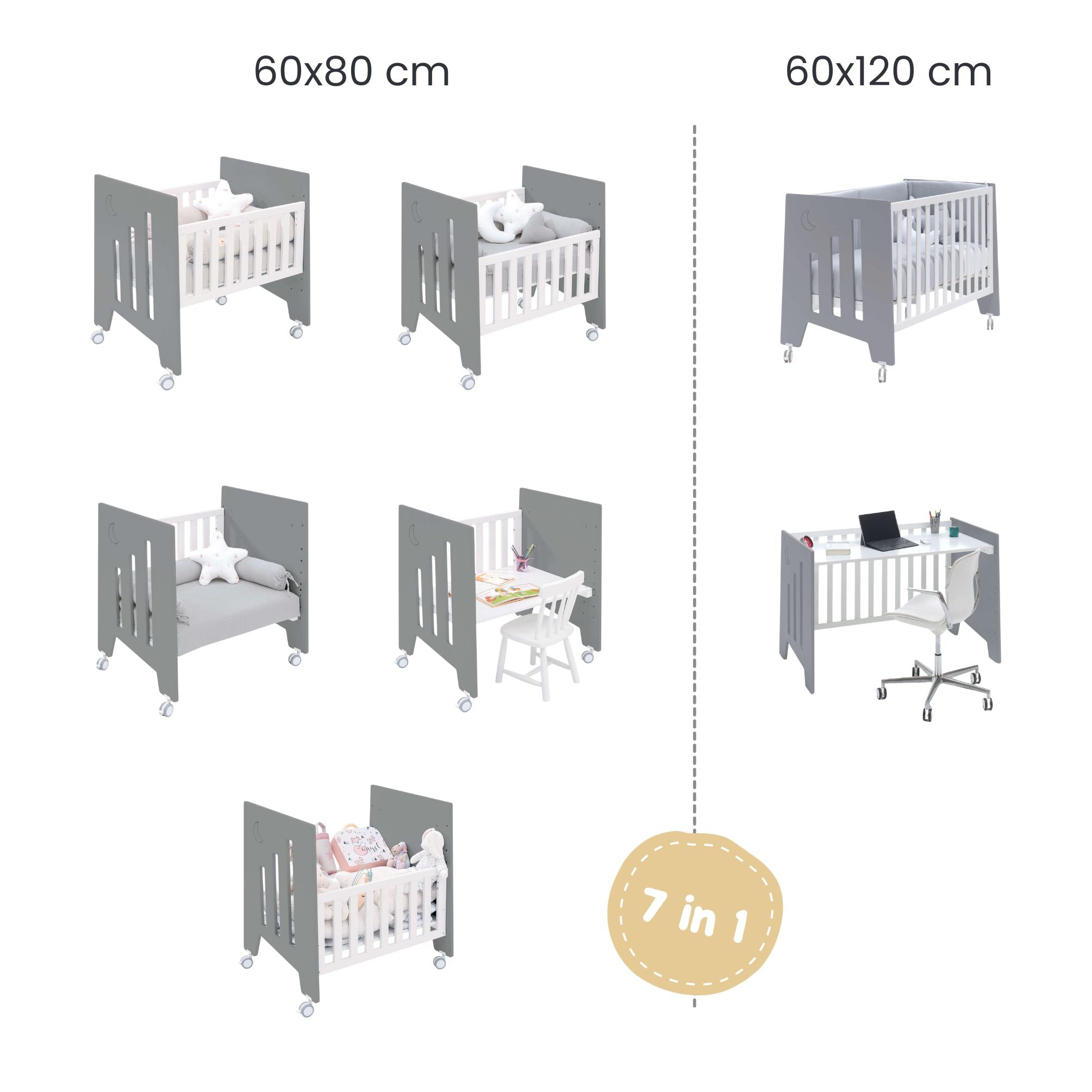 Minicuna 60x80 cm y cuna 60x120 cm (7en1) antracita · Omni Tre Antracita C181T-M7758