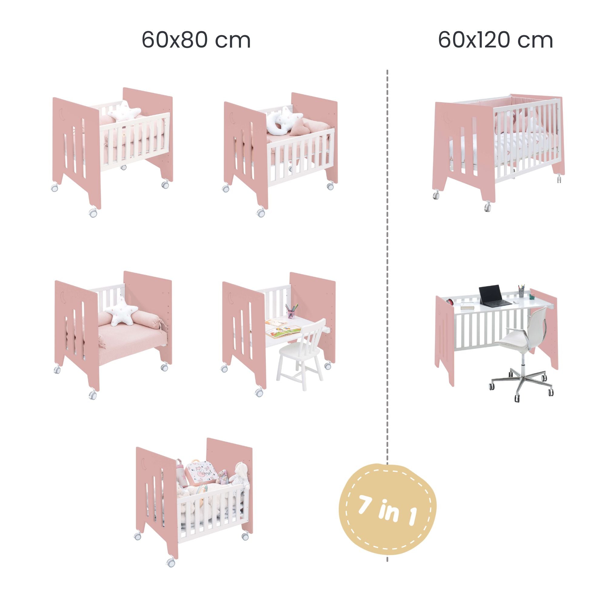 Minicuna 60x80 cm y cuna 60x120 cm (7en1) rosa · Omni Tre Quarzo C181T-M7759