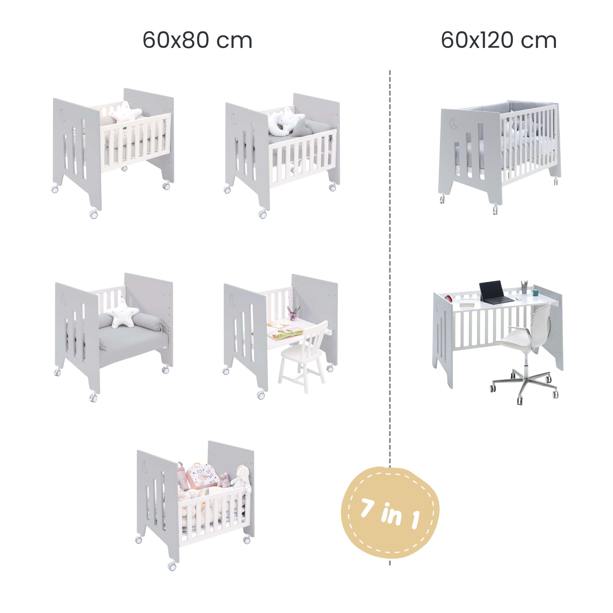 Minicuna 60x80 cm y cuna 60x120 cm (7en1) gris · Omni Tre Grey C181T-M7778