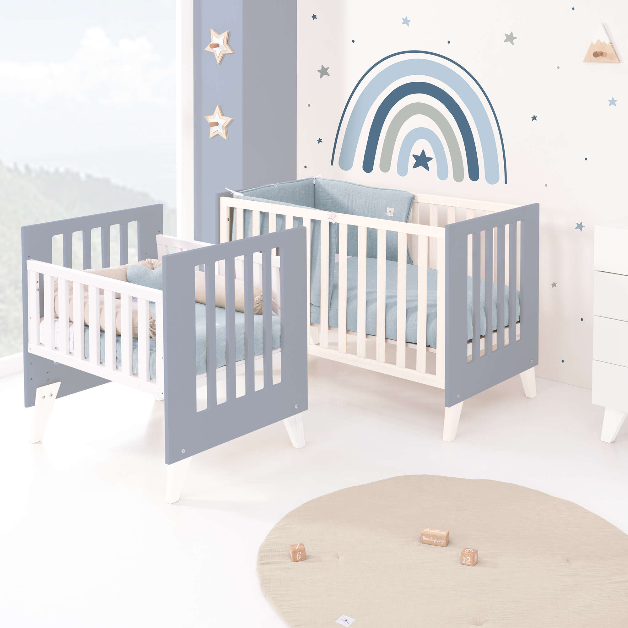 Minicuna y cuna todo en uno (7en1) blanca/azul · Nexo Tre Blu denim C187T-M7741