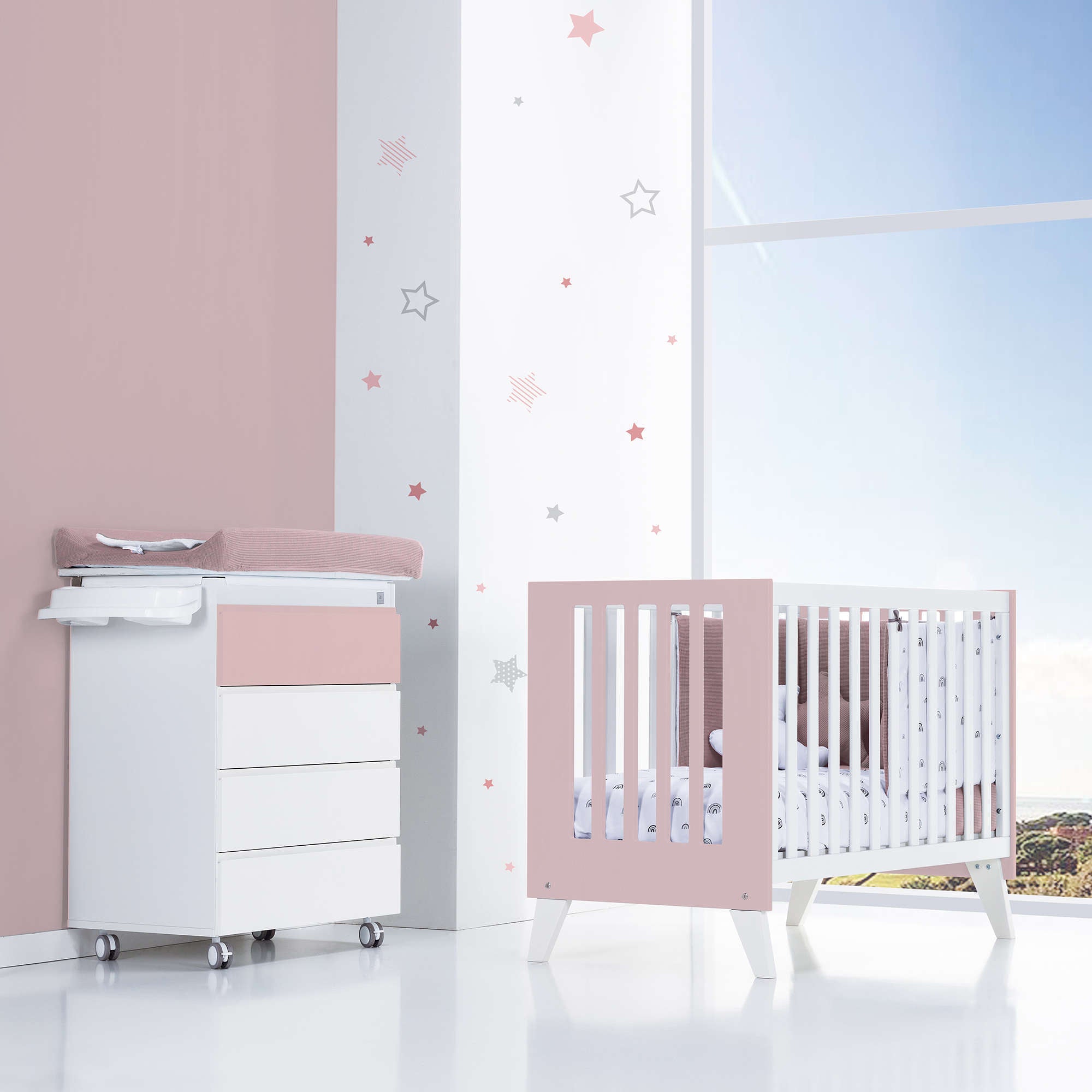 Minicuna y cuna todo en uno (7en1) blanca/rosa claro · Nexo Tre Flamingo C187T-M7742