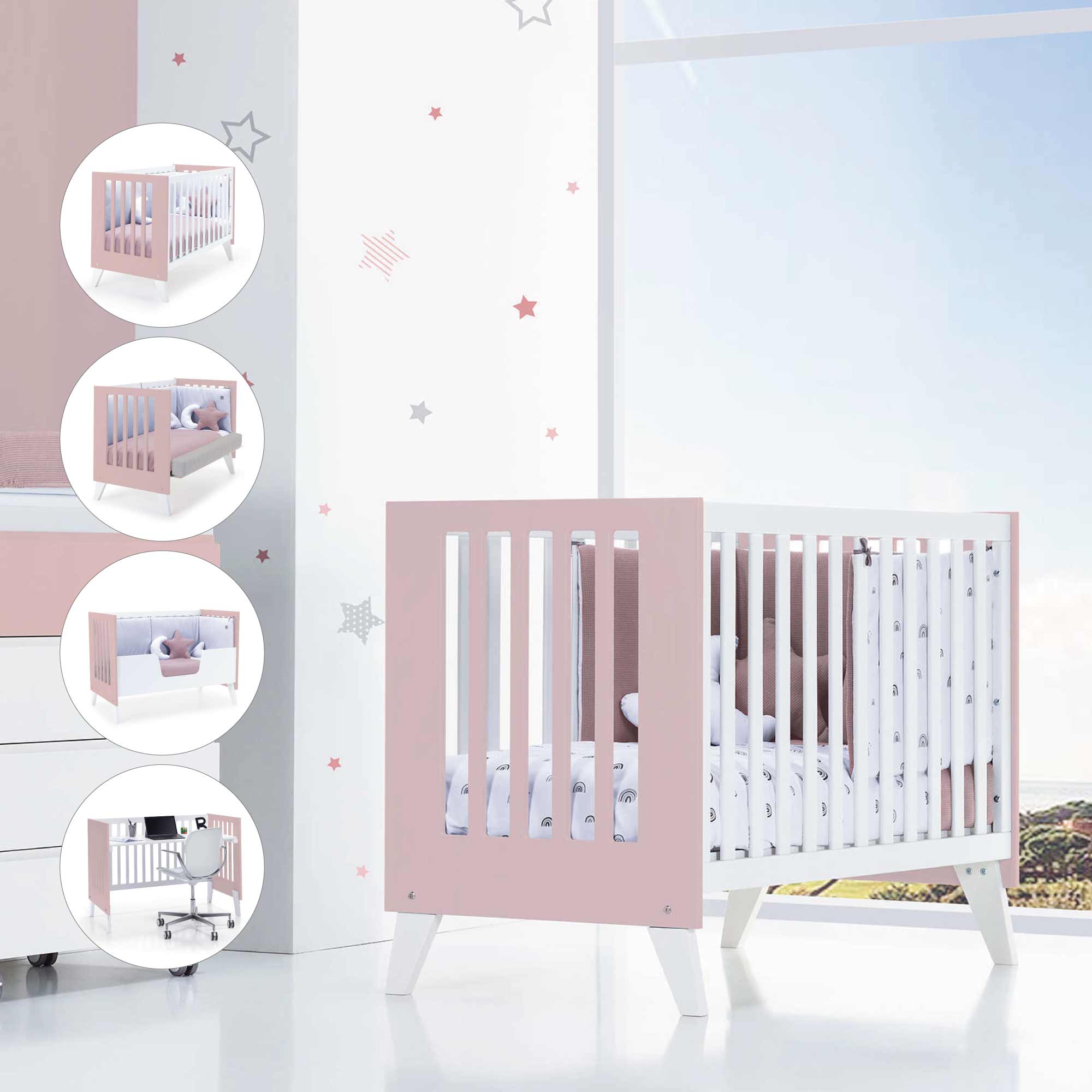 Cuna de colecho 60x120 cm (4en1) rosa pastel · Nexo Due Flamingo C187D-M7742