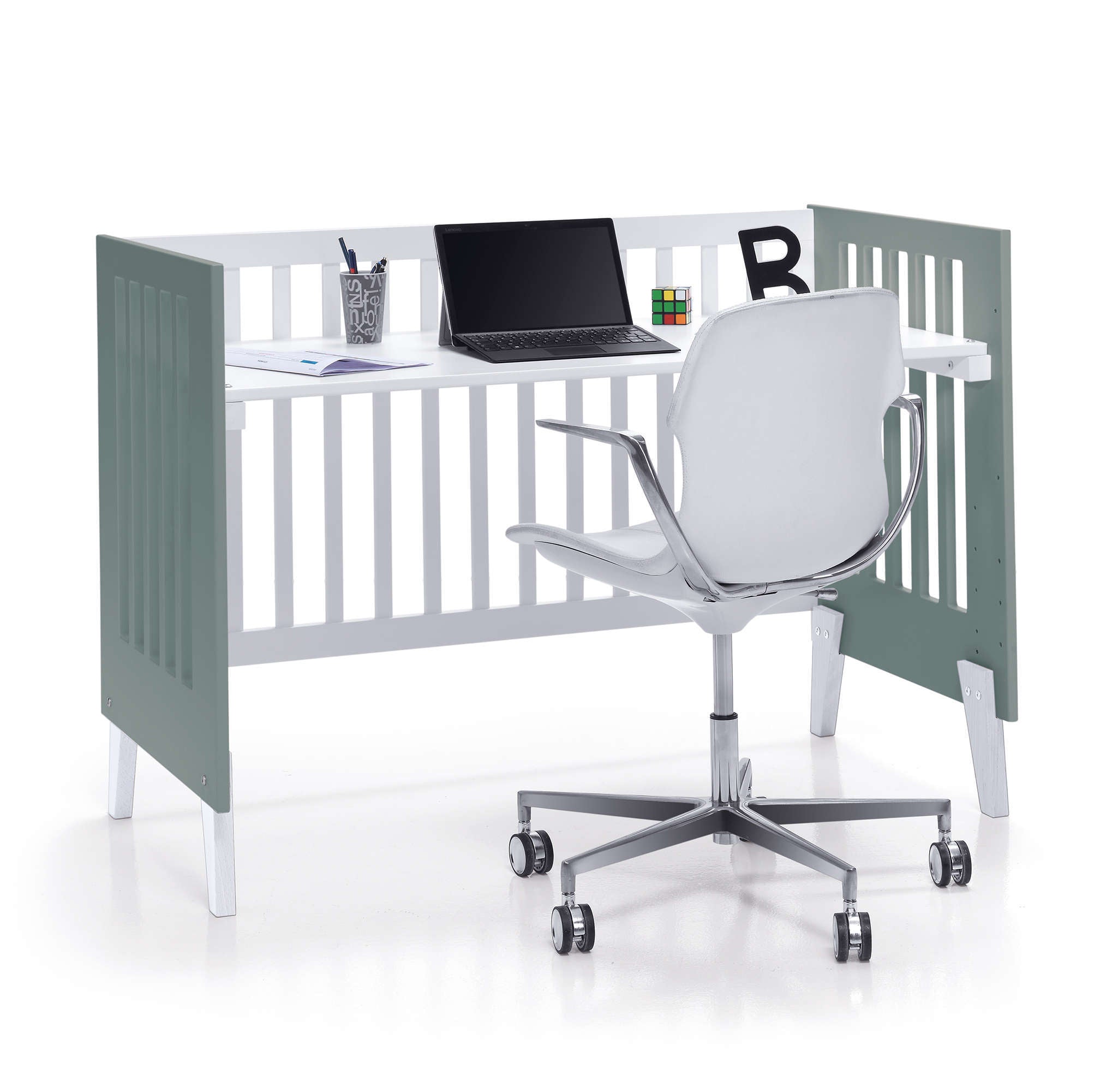 Minicuna y cuna todo en uno (7en1) blanca/verde eucalipto · Nexo Tre Eucalyptus C187T-M7757