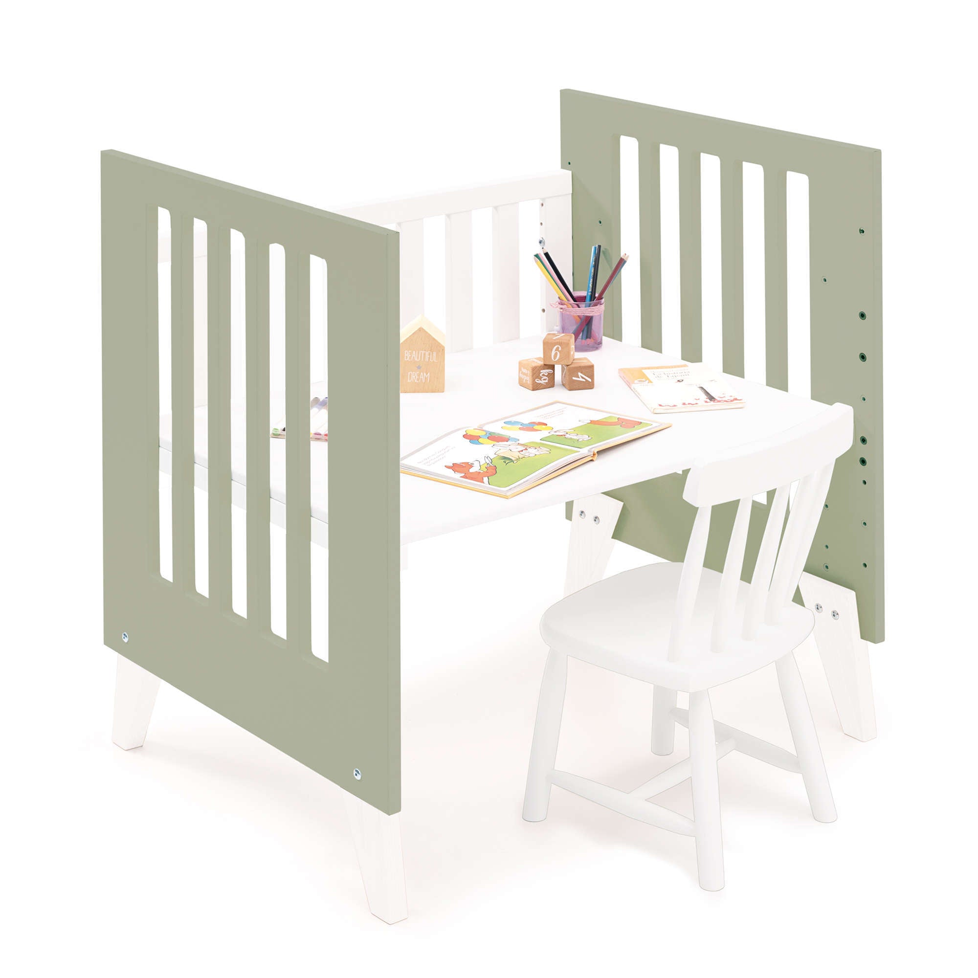 Minicuna 60x80 cm para colecho (5en1) blanca/verde-oliva · Nexo Uno Erba C187A-M7756