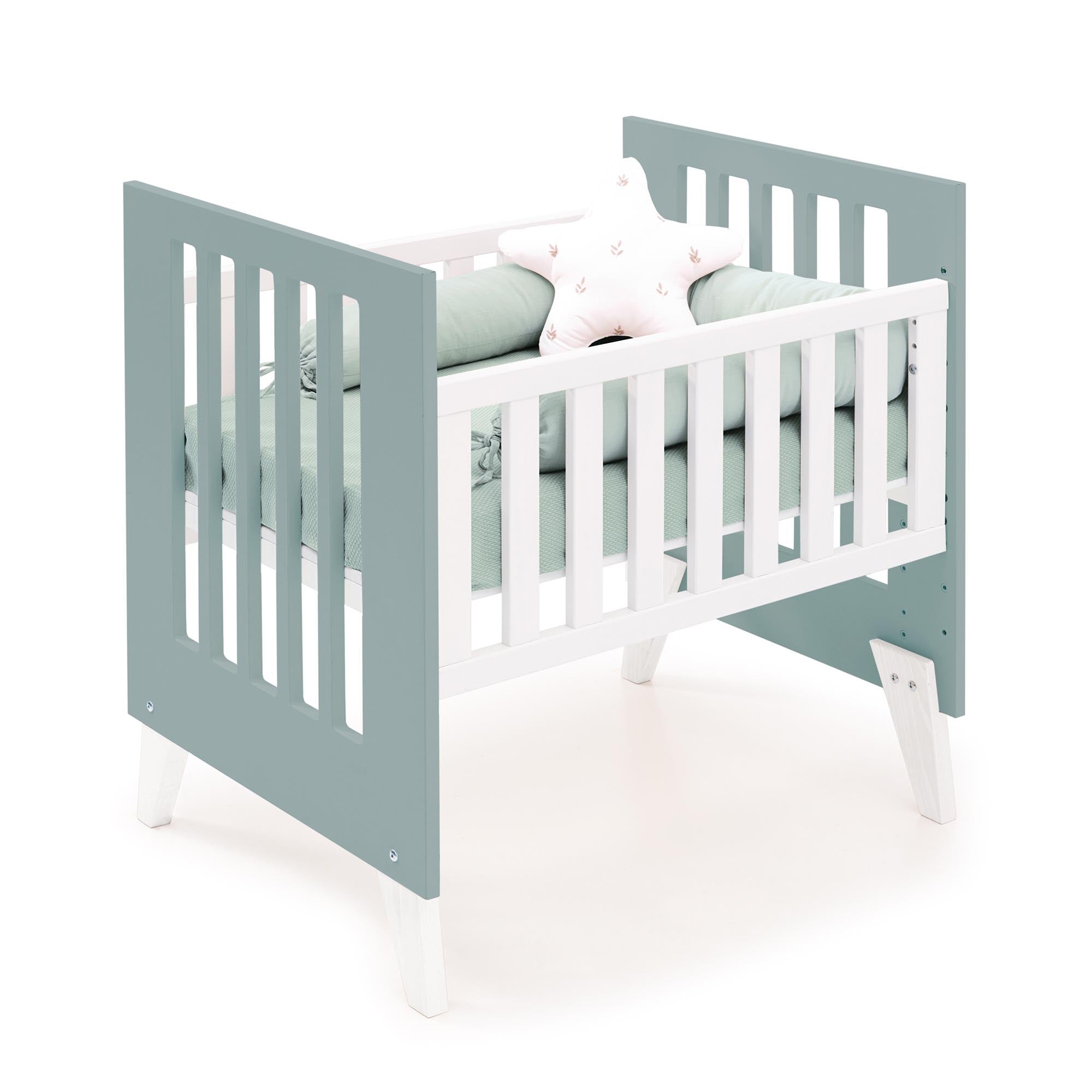 Minicuna y cuna todo en uno (7en1) blanca/verde eucalipto · Nexo Tre Eucalyptus C187T-M7757
