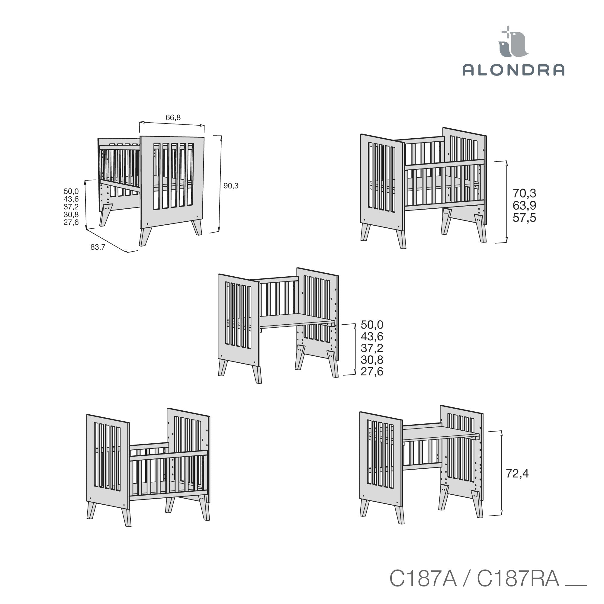 Minicuna 60x80 cm para colecho (5en1) blanca/azul · Nexo Uno Blu denim C187A-M7741