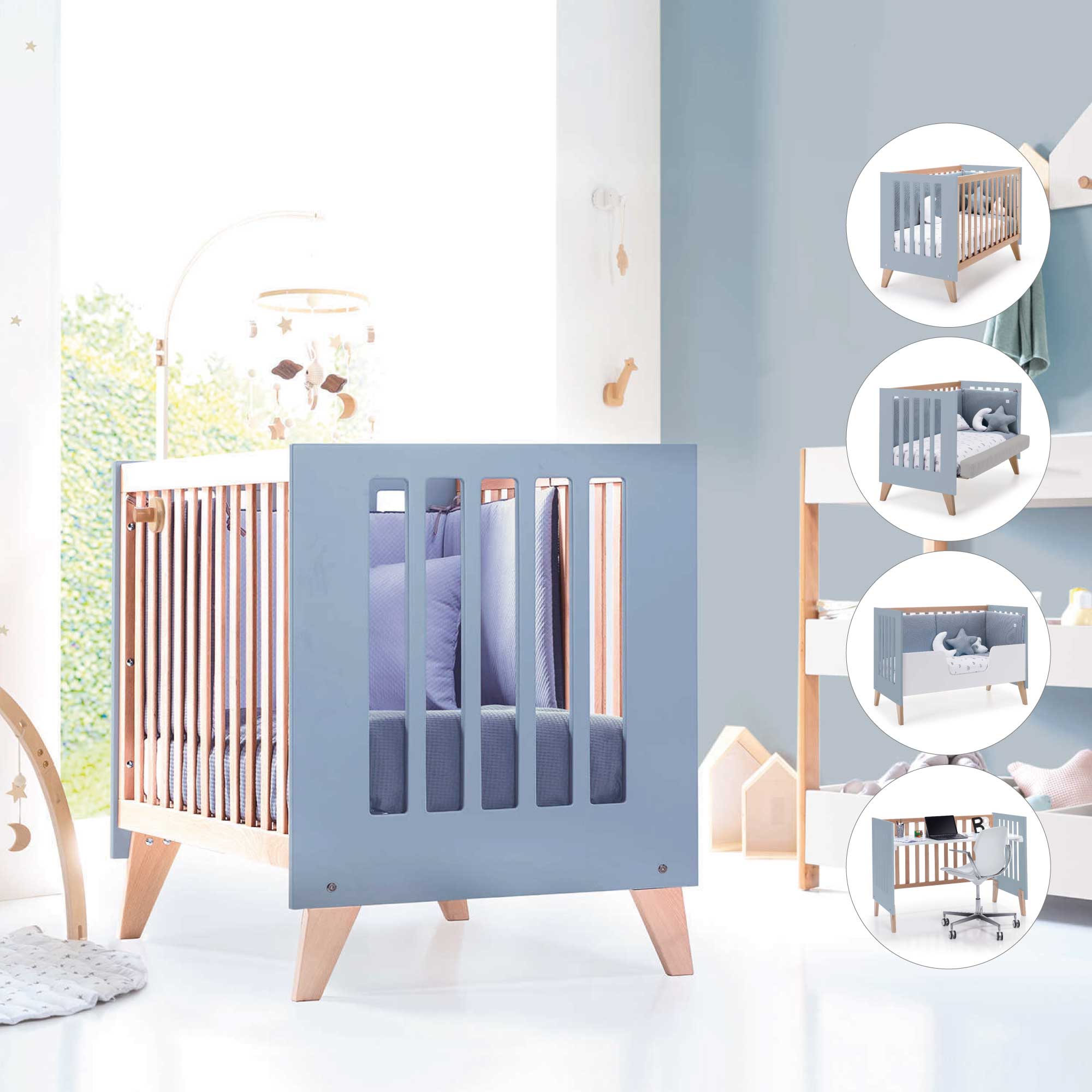 Cuna de colecho 60x120 cm (4en1) madera/celeste · Nexor Due Blue Denim