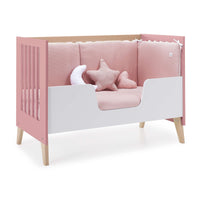 etapa de camita infantil de la cuna evolutiva Nexor en color rosa y madera