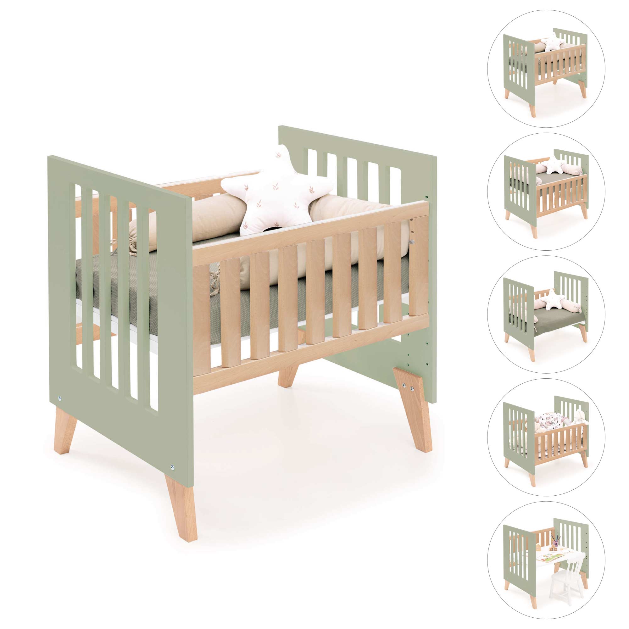 Minicuna colecho 60x80 cm (5en1) madera/verde-oliva · Nexor Uno Erba C187RA-M5695