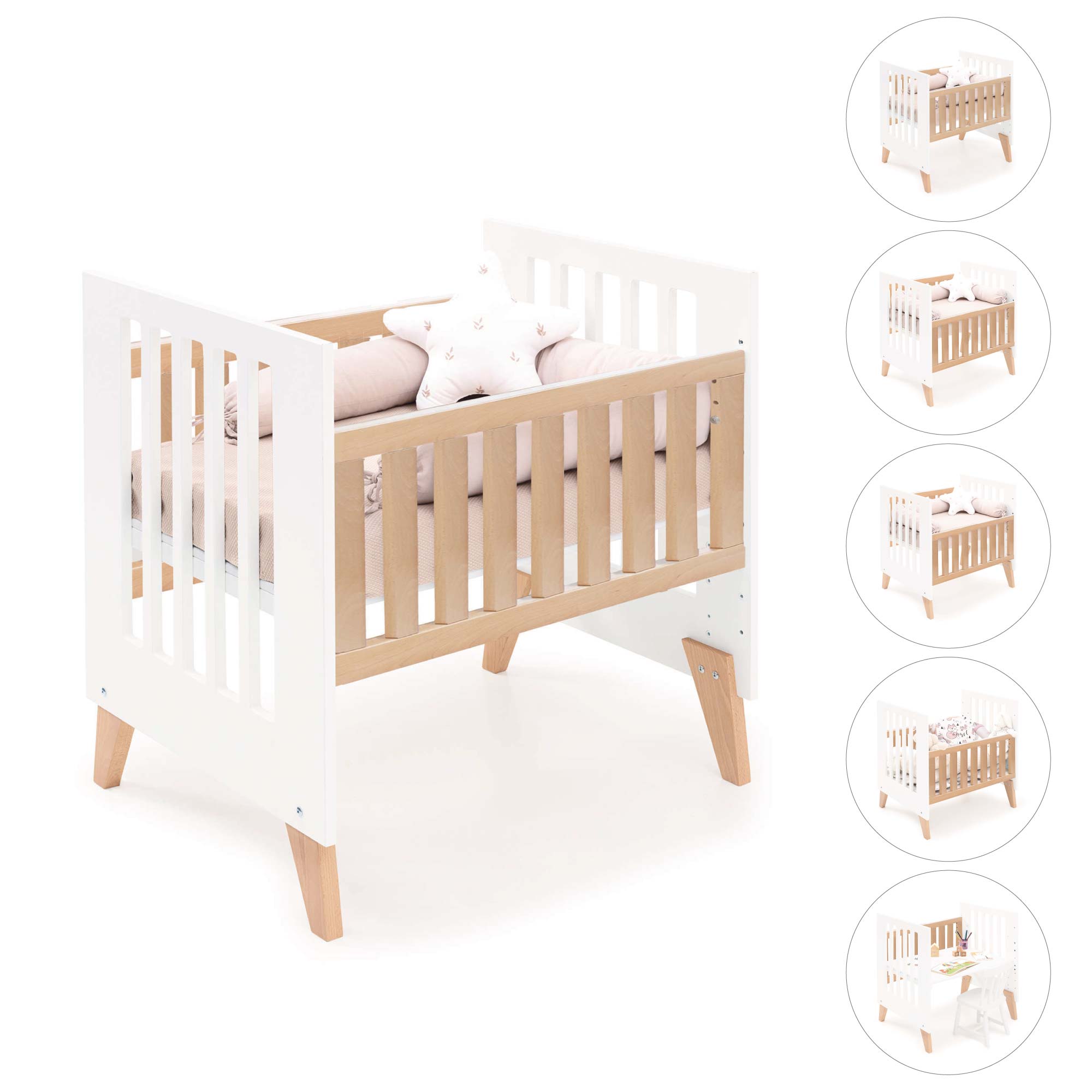 Minicuna colecho 60x80 cm (5en1) madera/blanca · Nexor Uno White C187RA-M7795