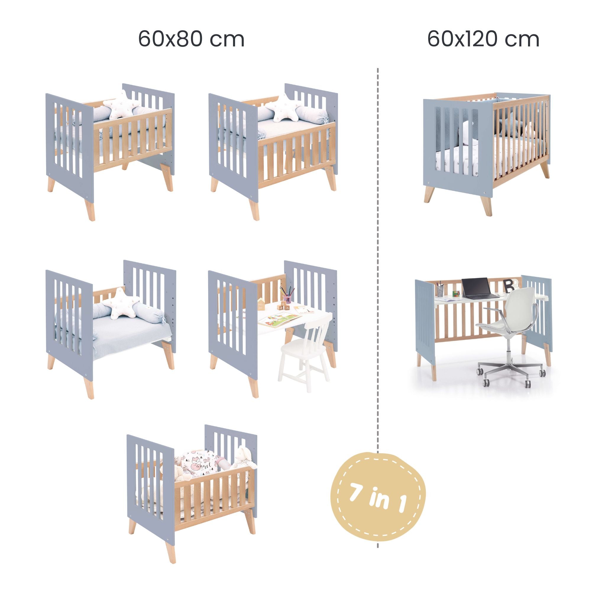 Minicuna convertible en cuna (7en1) madera/azul · Nexor Tre Blu denim C187RT-M4195