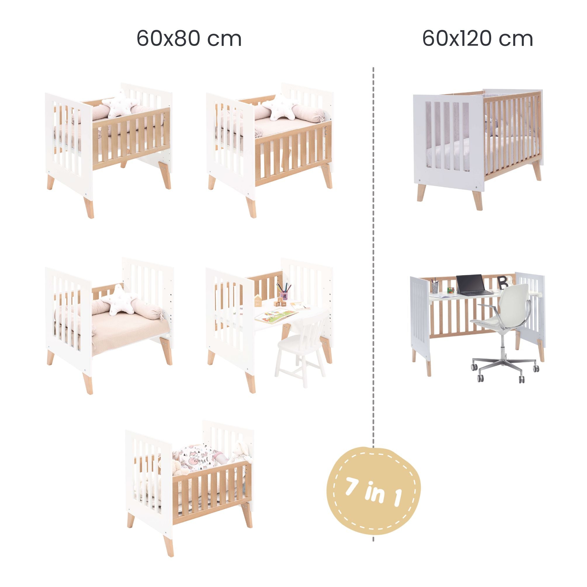 Minicuna convertible en cuna (7en1) madera/blanca · Nexor Tre White C187RT-M7795