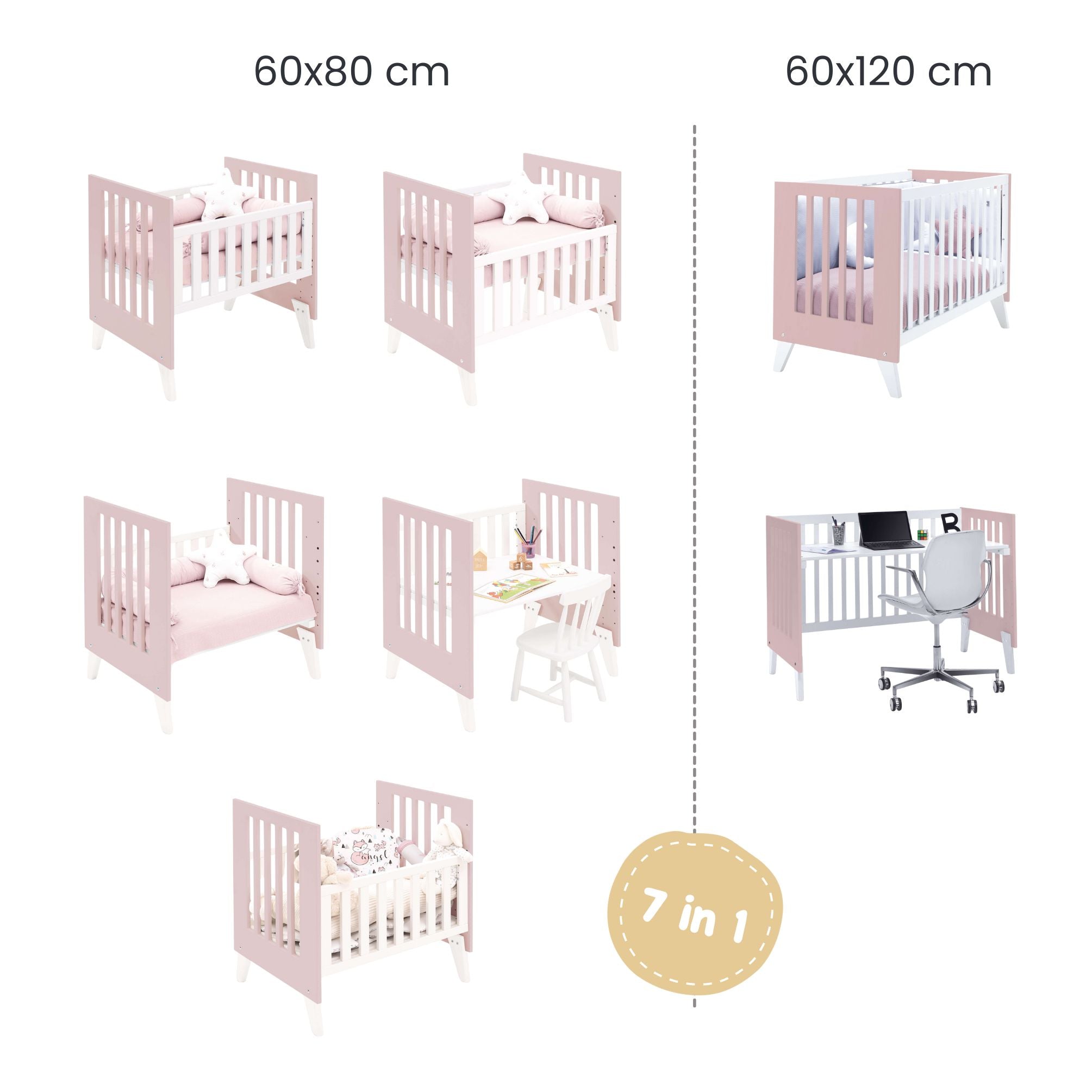 Minicuna y cuna todo en uno (7en1) blanca/rosa claro · Nexo Tre Flamingo C187T-M7742