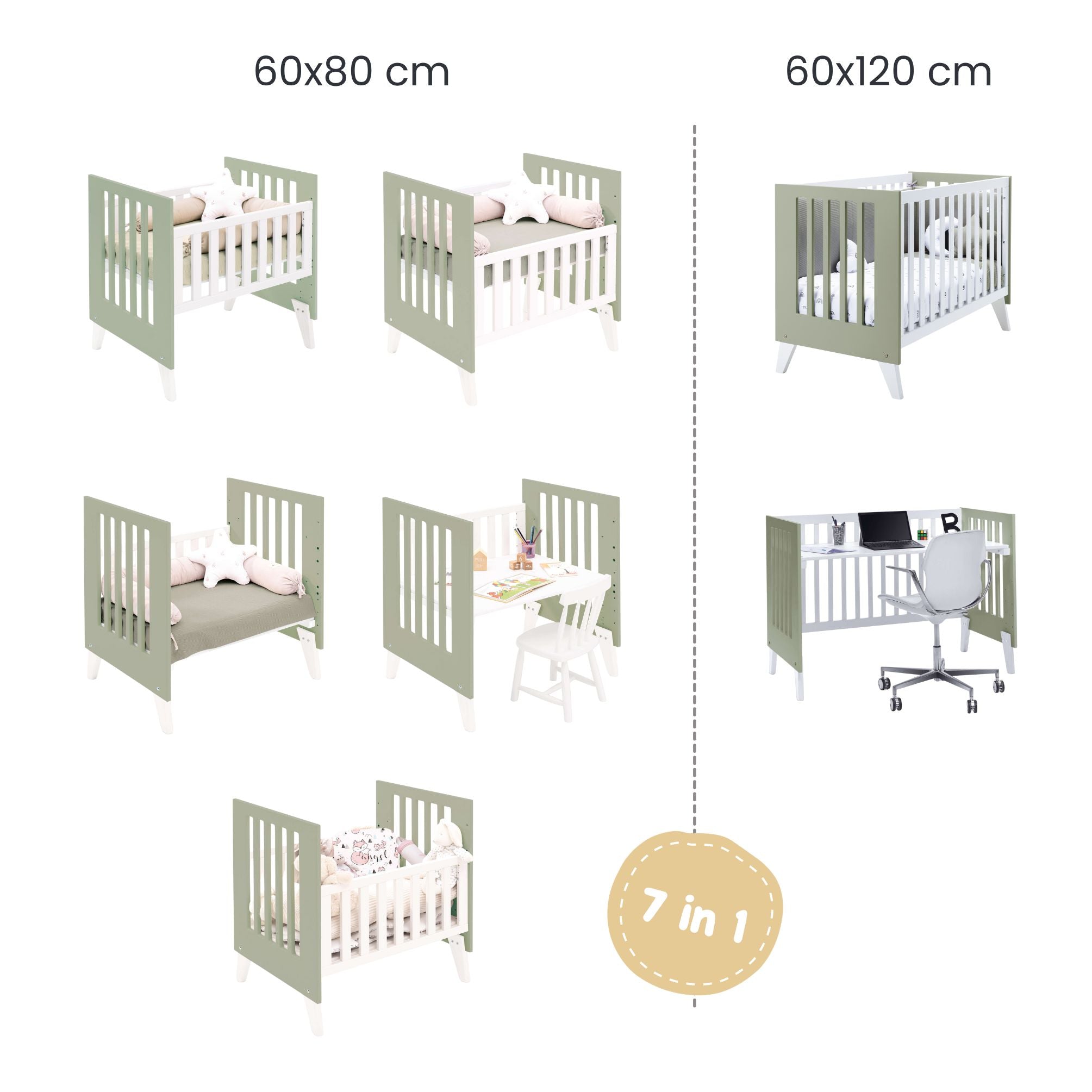 Minicuna y cuna todo en uno (7en1) blanca/verde-oliva · Nexo Tre Erba C187T-M7756