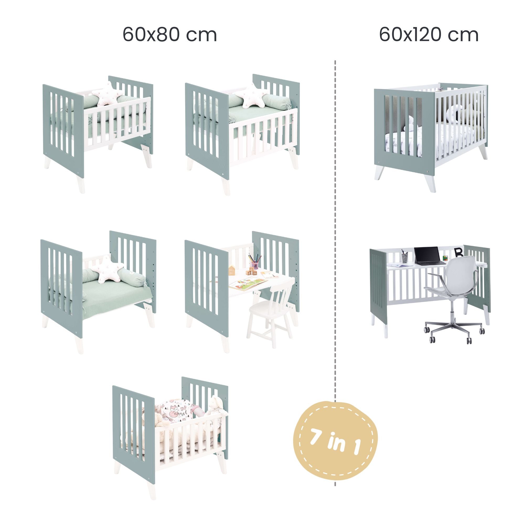 Minicuna y cuna todo en uno (7en1) blanca/verde eucalipto · Nexo Tre Eucalyptus C187T-M7757
