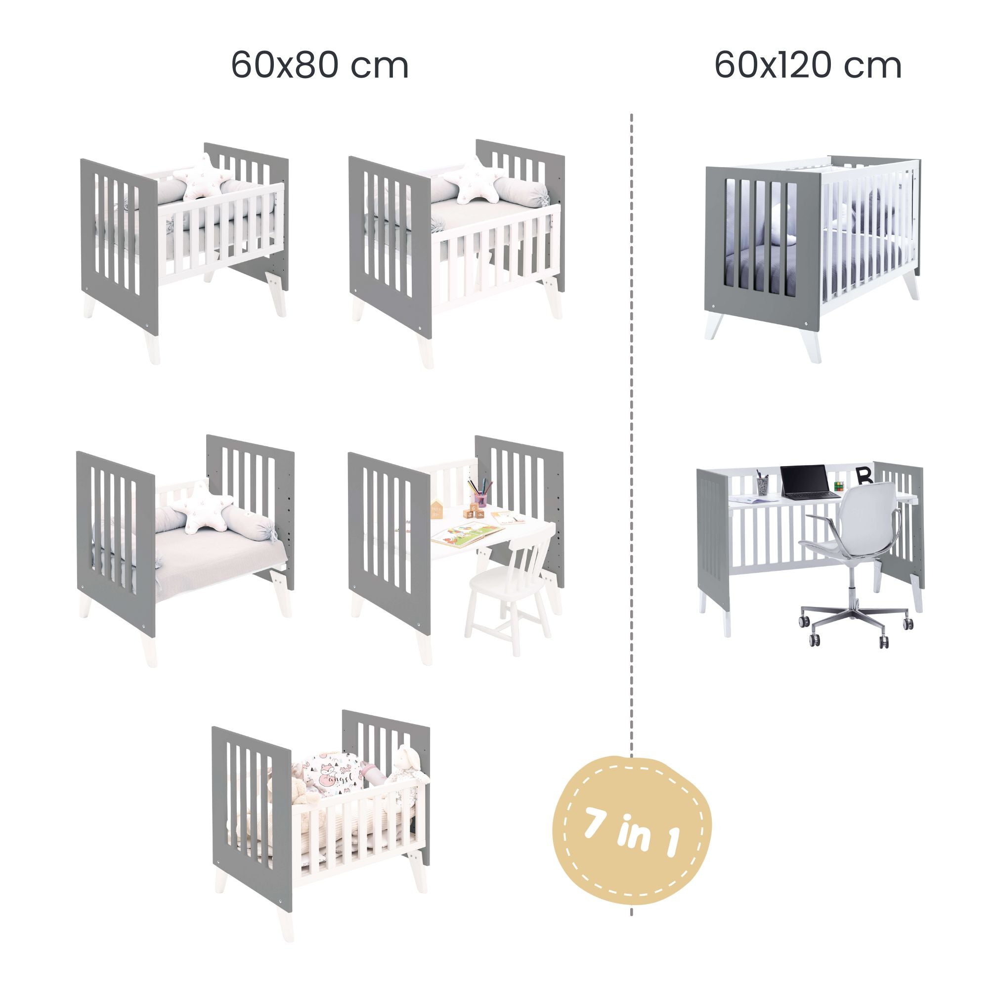 Minicuna y cuna todo en uno (7en1) blanca/antracita · Nexo Tre Antracita C187T-M7758