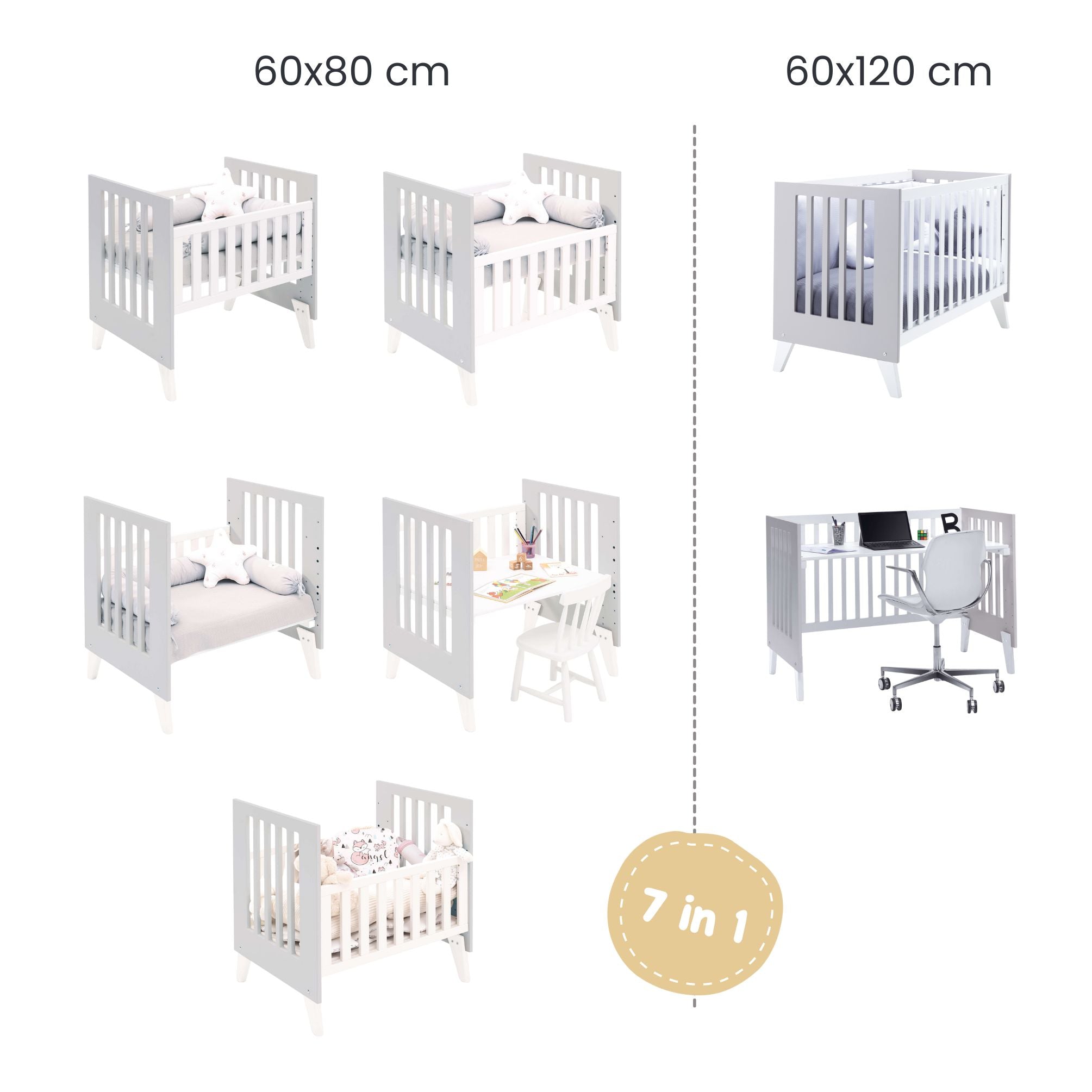 Minicuna y cuna todo en uno (7en1) blanca/gris · Nexo Tre Grey C187T-M7778