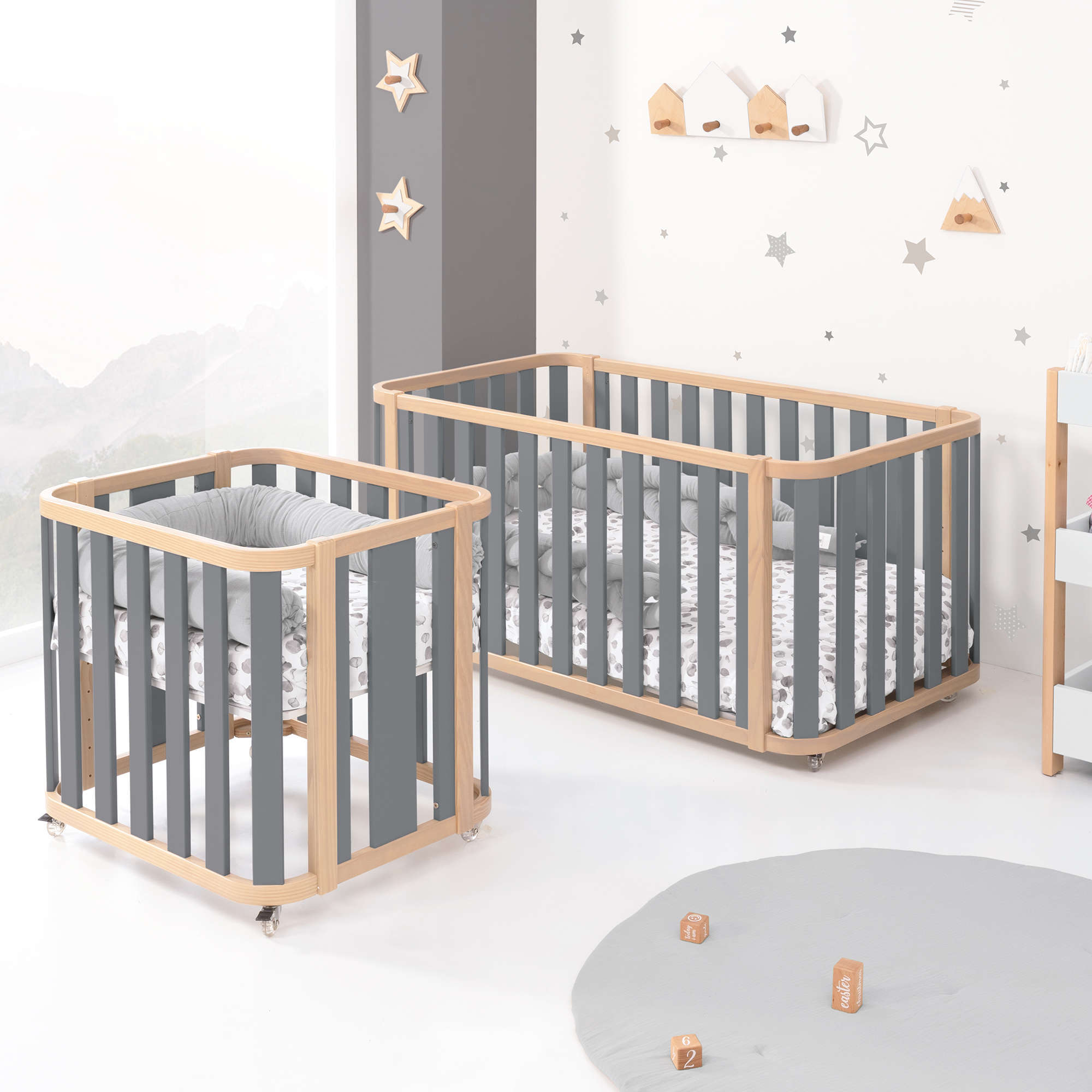 Minicuna-cuna-cama-escritorio (4en1) madera/gris · Crea Plus Tre C351-M5058