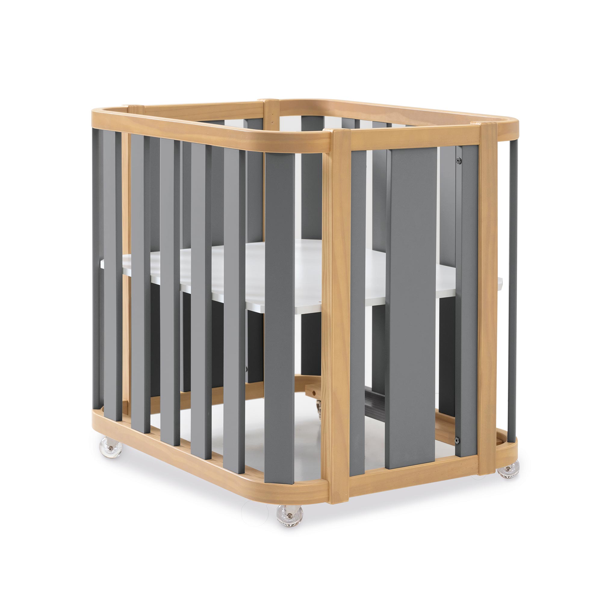 Minicuna ovalada con ruedas en madera y gris marengo