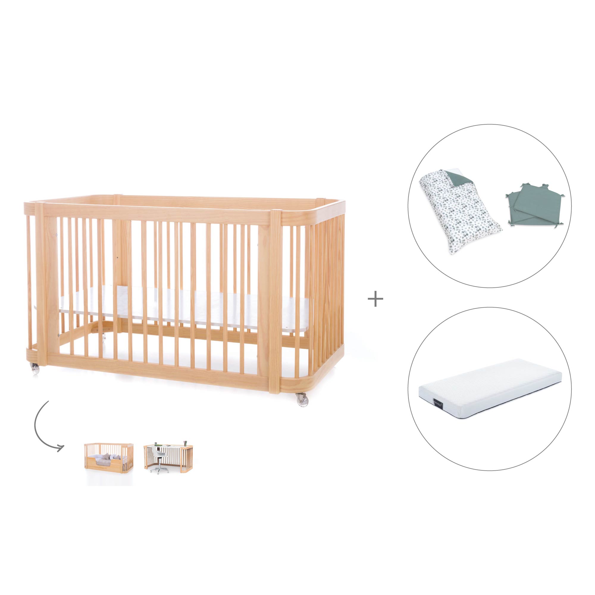 Cuna-Cama para bebé 70x140 cm (3en1) madera natural · Crea Due Nomad C300-M5000