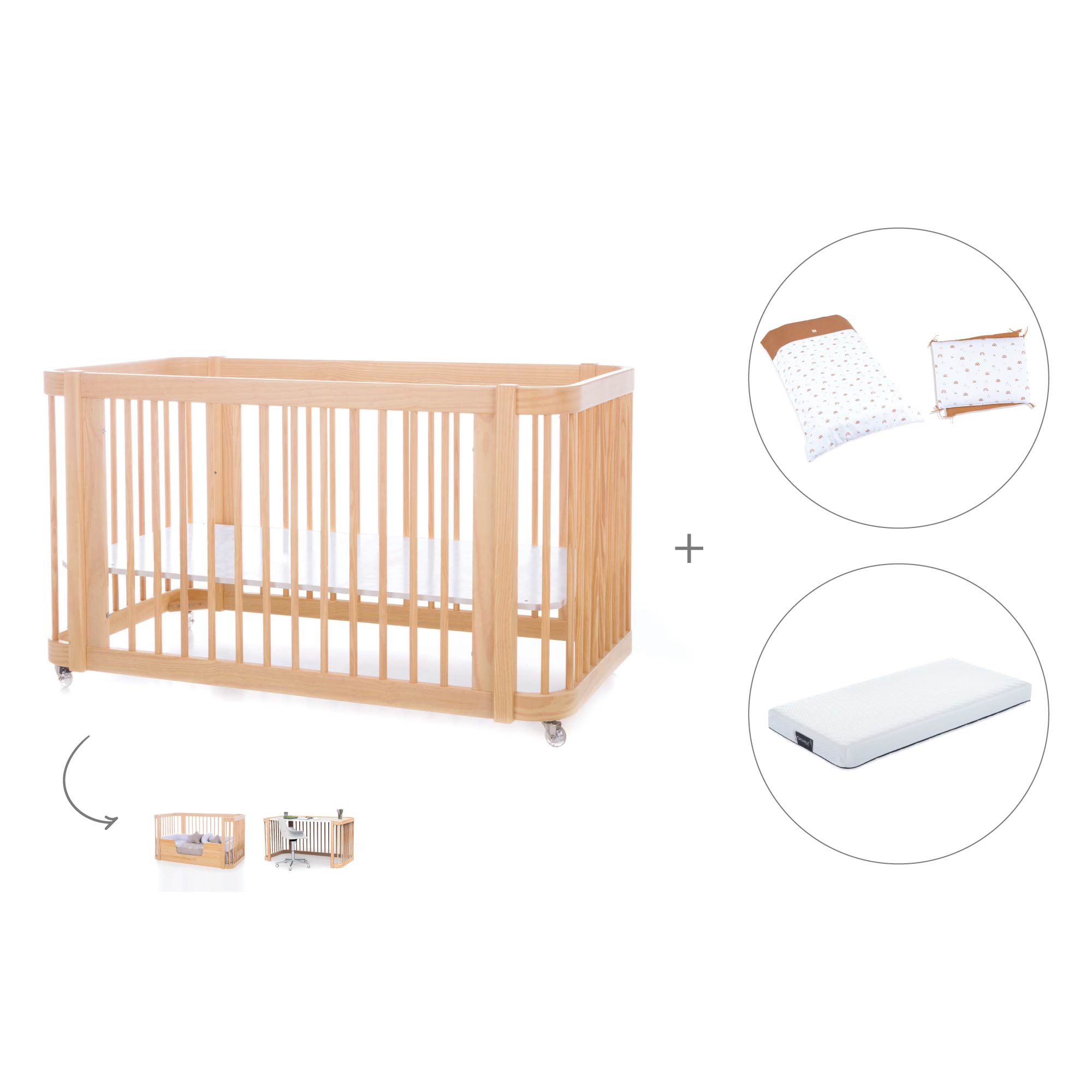 Cuna-Cama para bebé 70x140 cm (3en1) madera natural · Crea Due Nomad C300-M5000