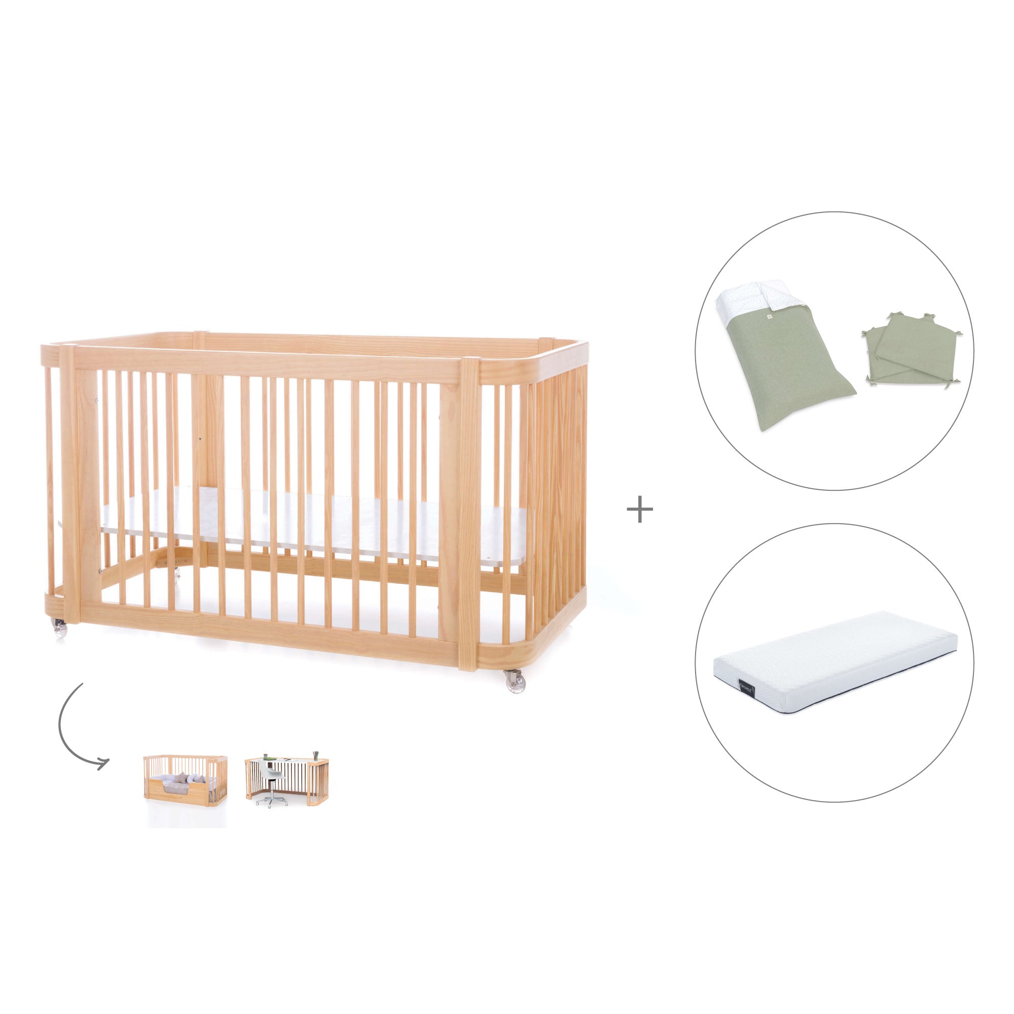 Cuna-Cama para bebé 70x140 cm (3en1) madera natural · Crea Due Nomad C300-M5000