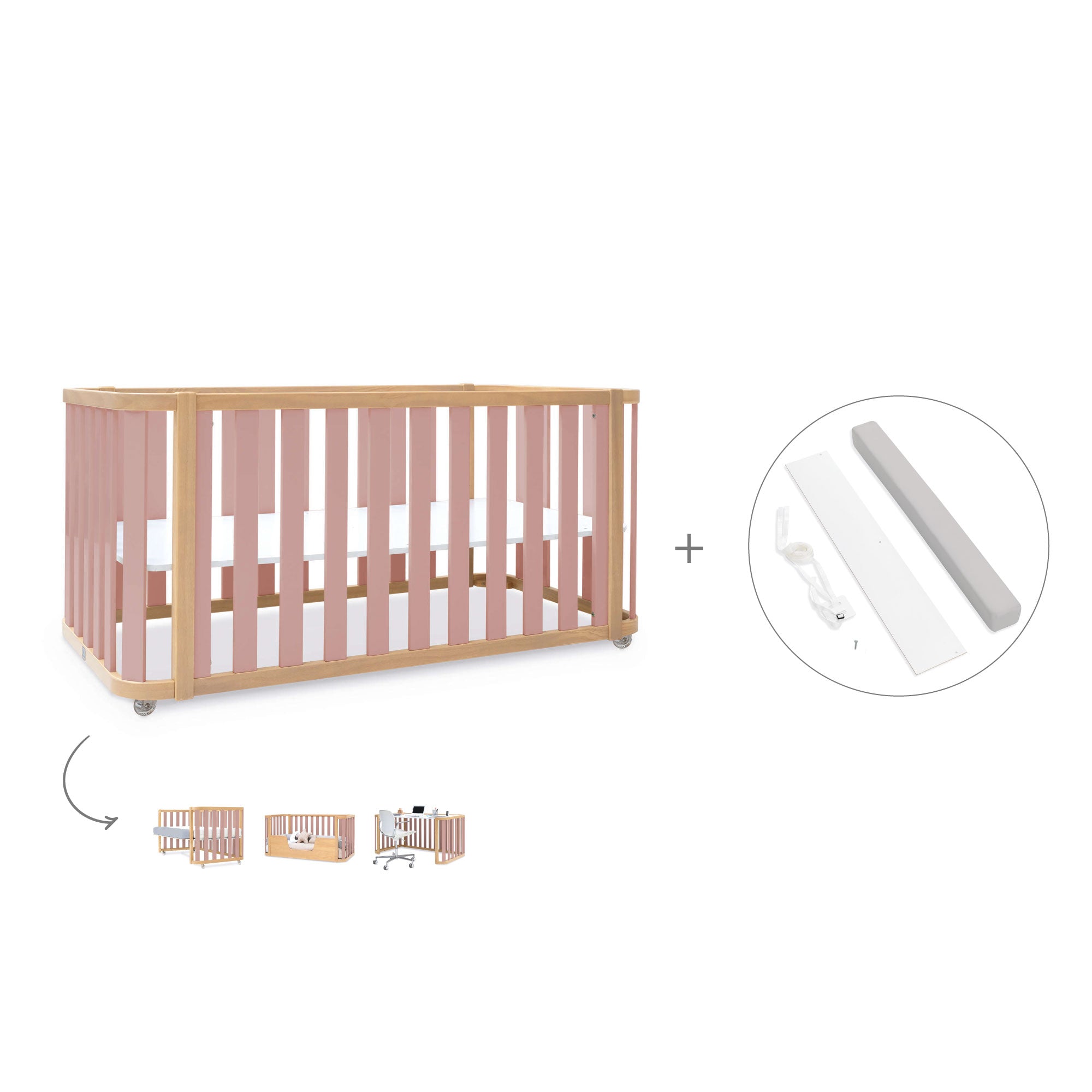 Cuna-cama-escritorio 70x140 cm (3en1) madera/rosa · Crea Plus Due C350-M5059