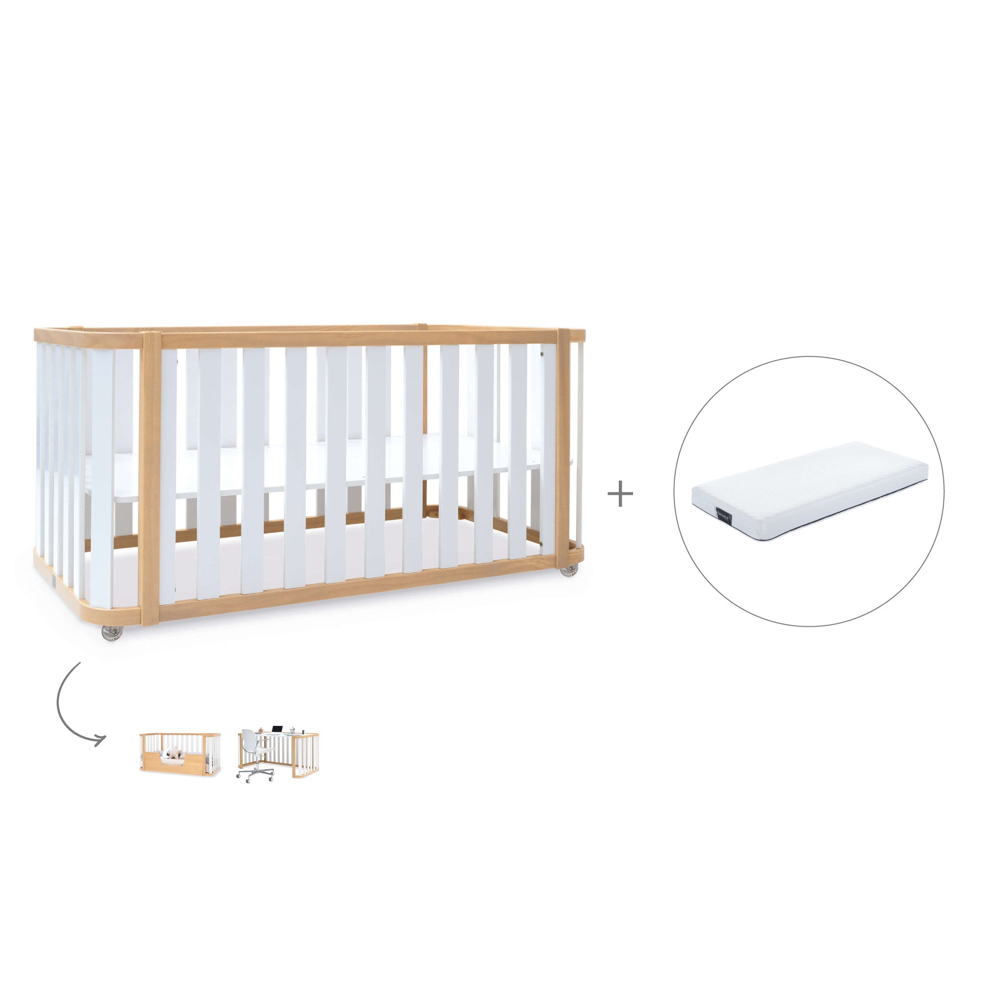 Cuna-cama-escritorio 70x140 cm (3en1) madera/blanco · Crea Plus Due C350-M5011