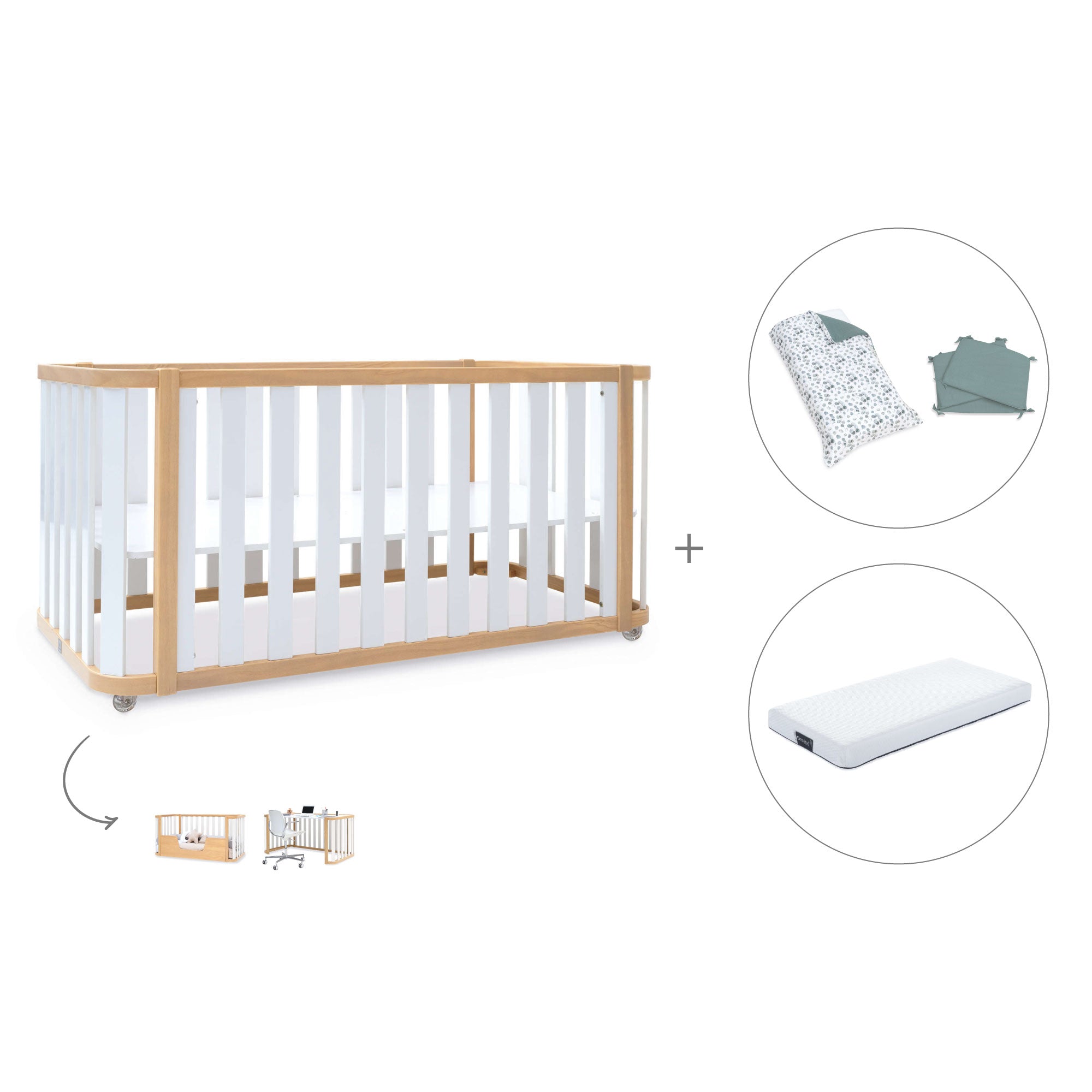 Cuna-cama-escritorio 70x140 cm (3en1) madera/blanco · Crea Plus Due C350-M5011