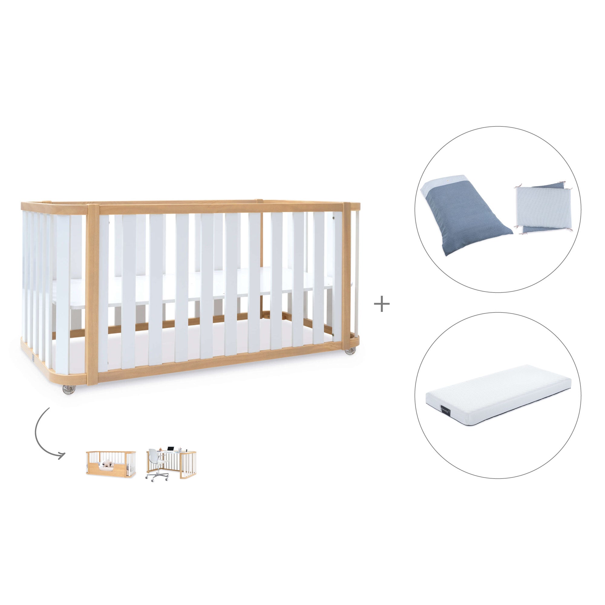Cuna-cama-escritorio 70x140 cm (3en1) madera/blanco · Crea Plus Due C350-M5011