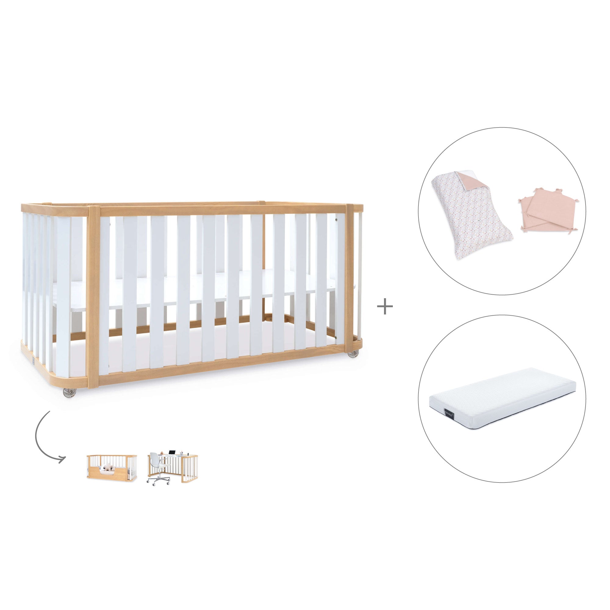 Cuna-cama-escritorio 70x140 cm (3en1) madera/blanco · Crea Plus Due C350-M5011