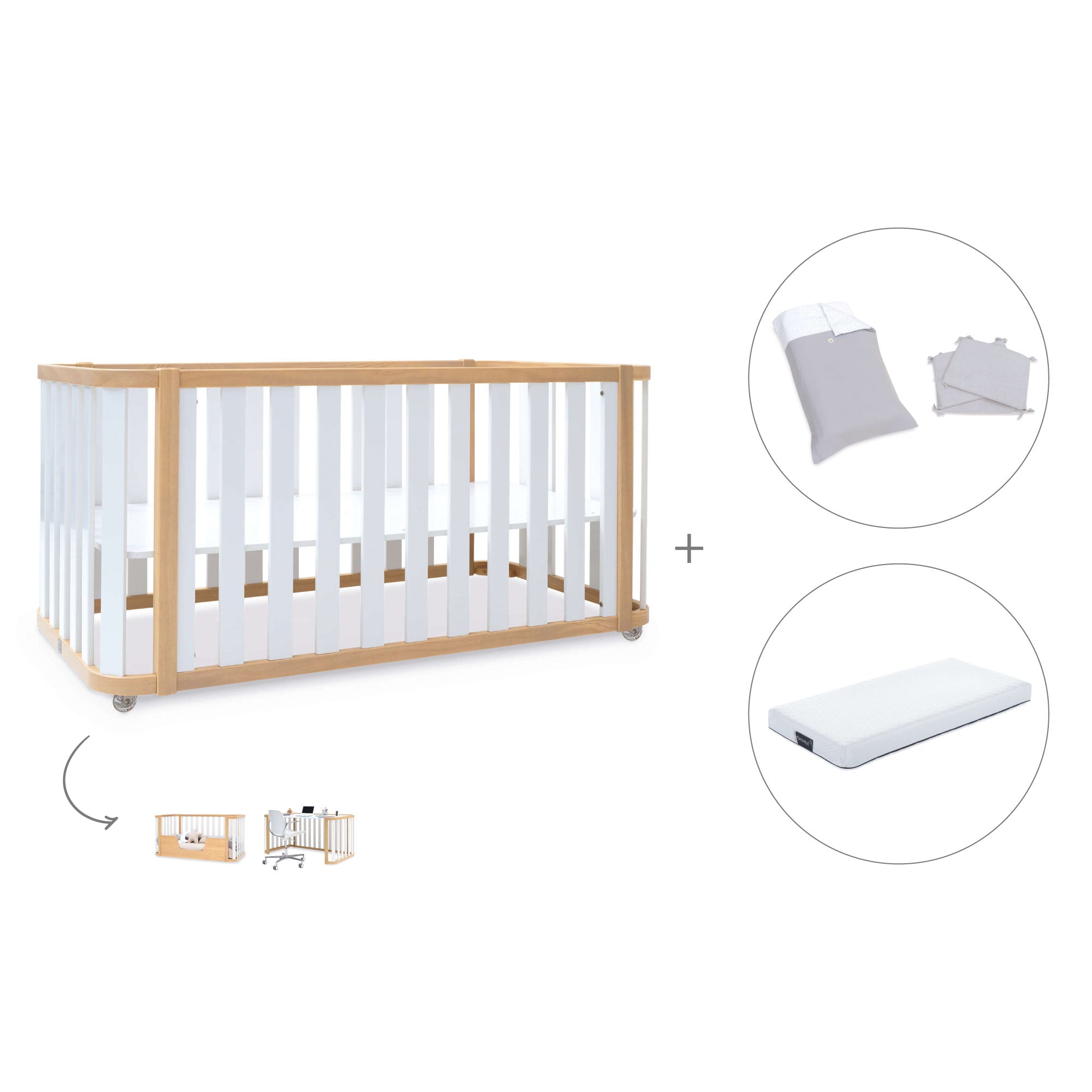 Cuna-cama-escritorio 70x140 cm (3en1) madera/blanco · Crea Plus Due C350-M5011