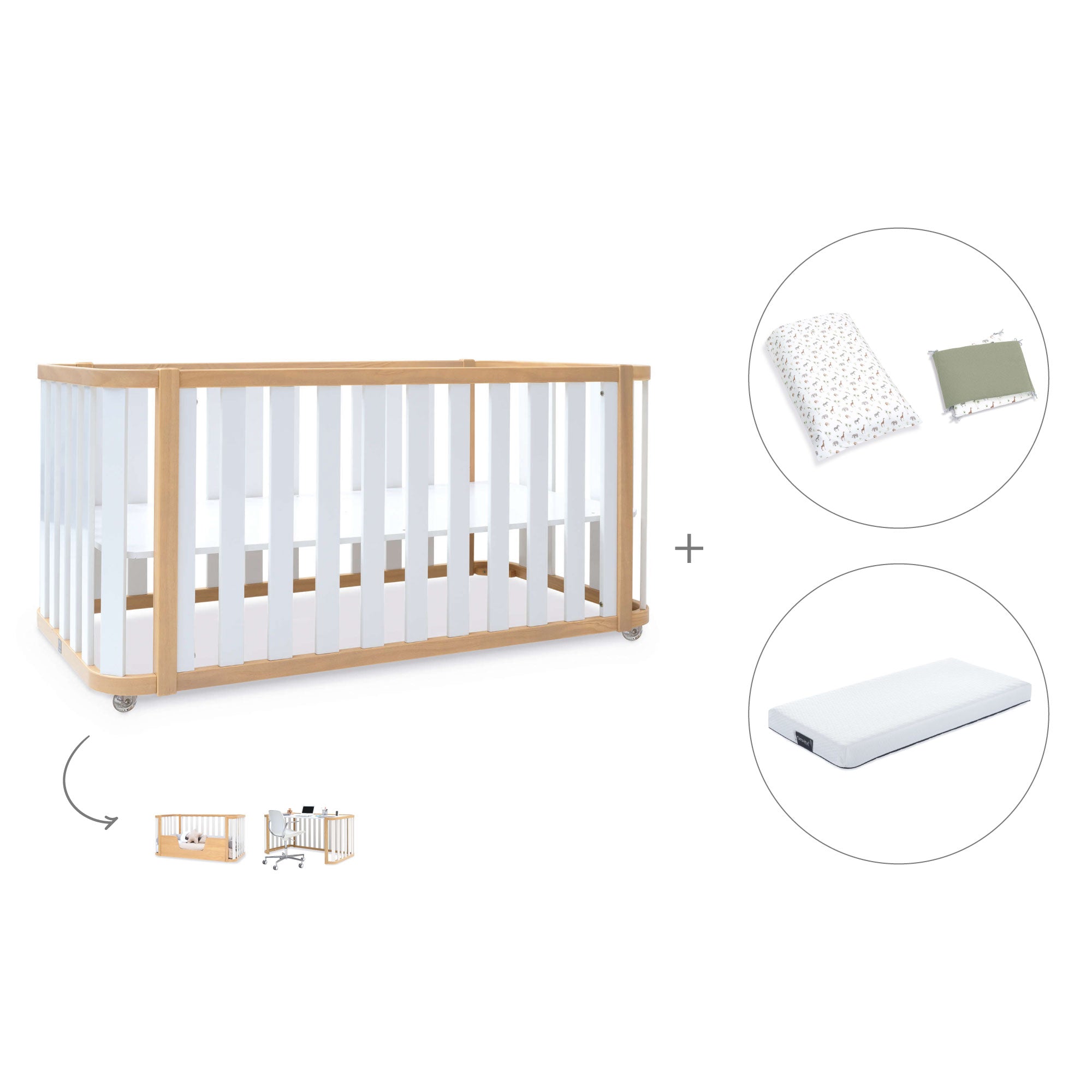 Cuna-cama-escritorio 70x140 cm (3en1) madera/blanco · Crea Plus Due C350-M5011