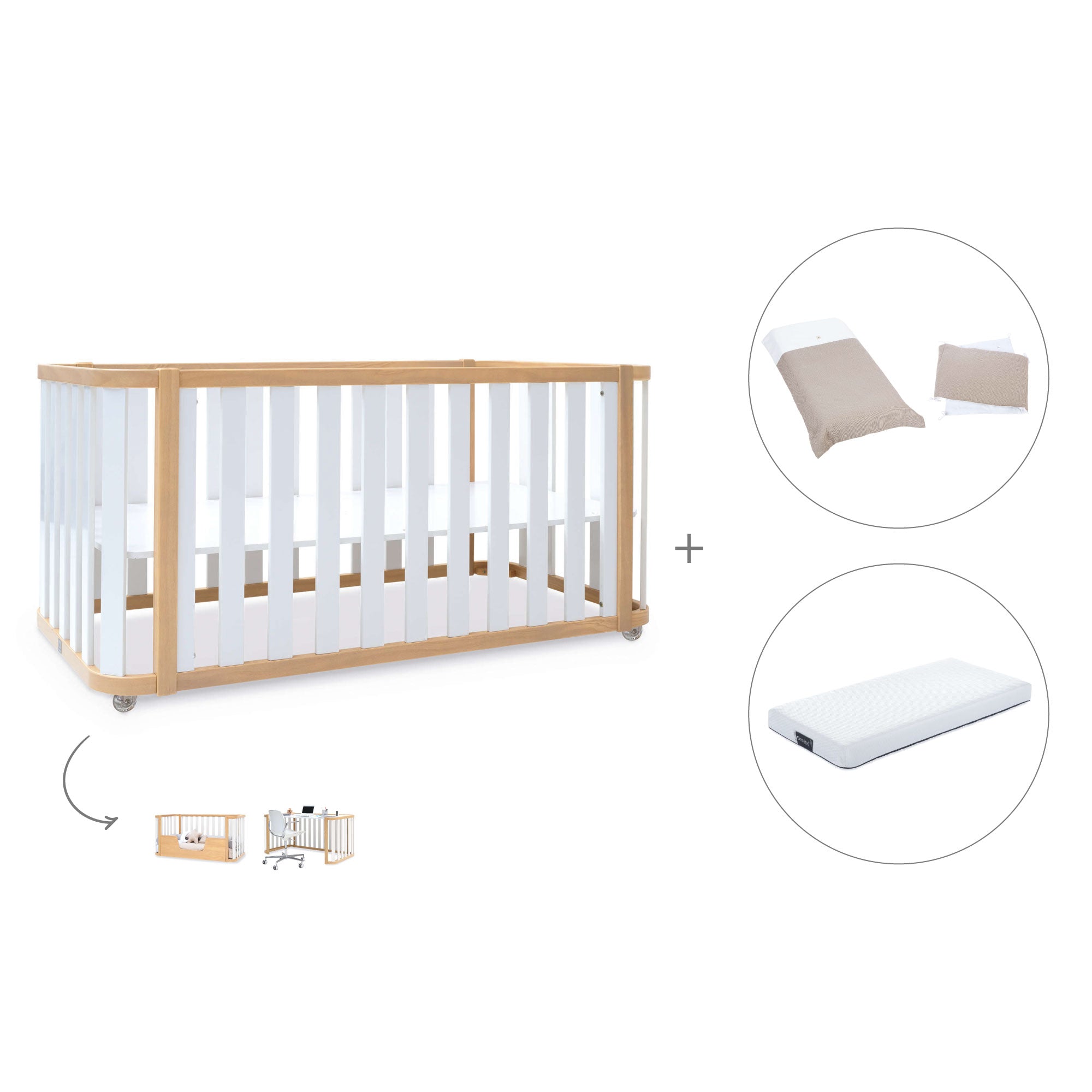 Cuna-cama-escritorio 70x140 cm (3en1) madera/blanco · Crea Plus Due C350-M5011