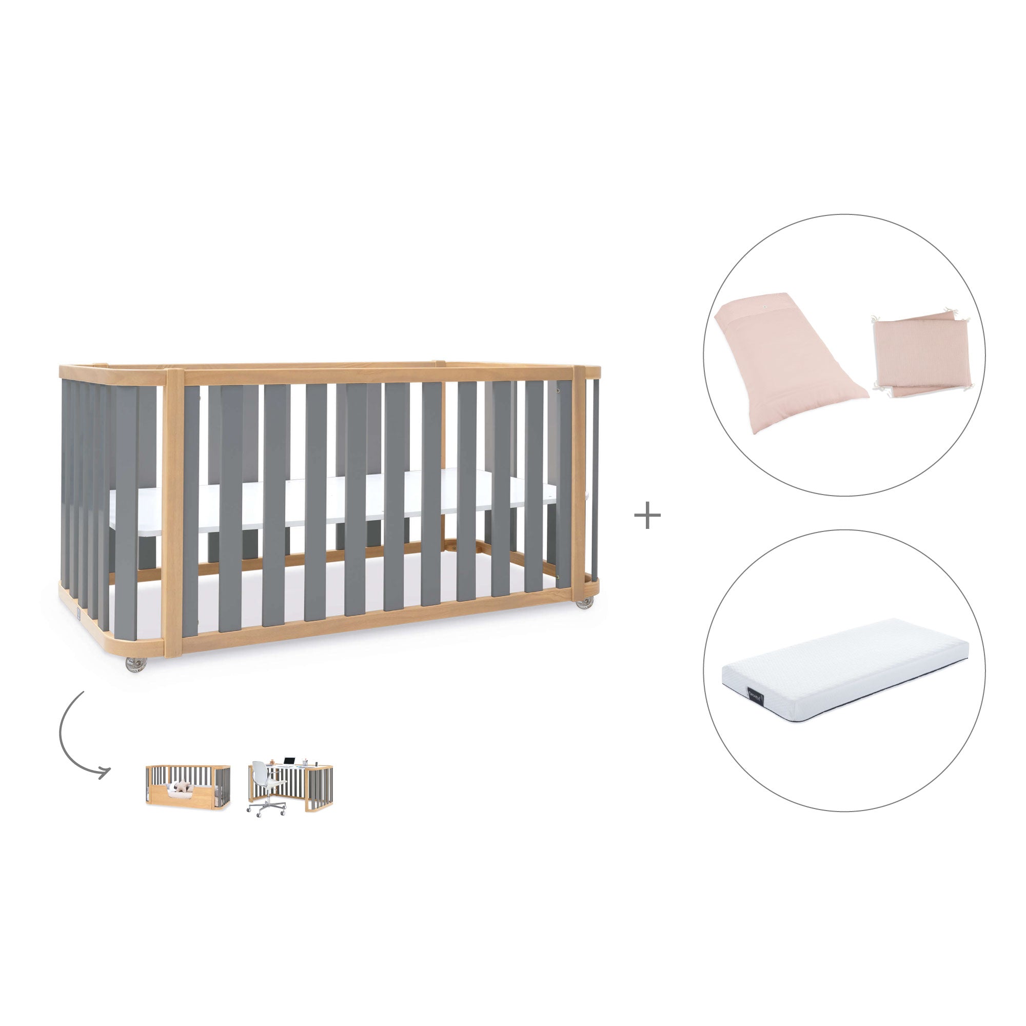 Cuna-cama-escritorio 70x140 cm (3en1) madera/gris · Crea Plus Due C350-M5058