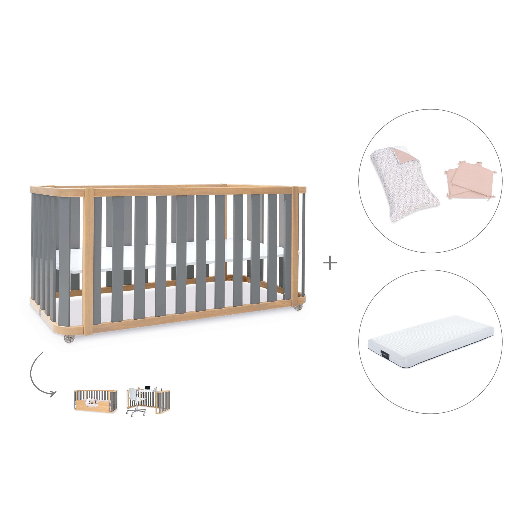 Cuna-cama-escritorio 70x140 cm (3en1) madera/gris · Crea Plus Due C350-M5058