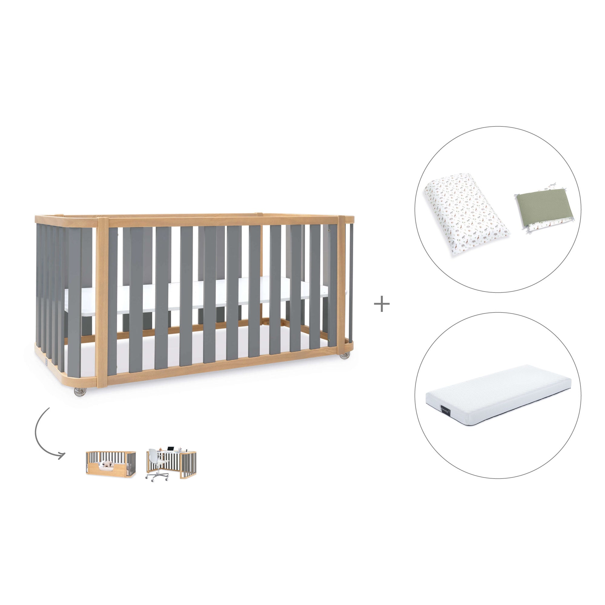 Cuna-cama-escritorio 70x140 cm (3en1) madera/gris · Crea Plus Due C350-M5058