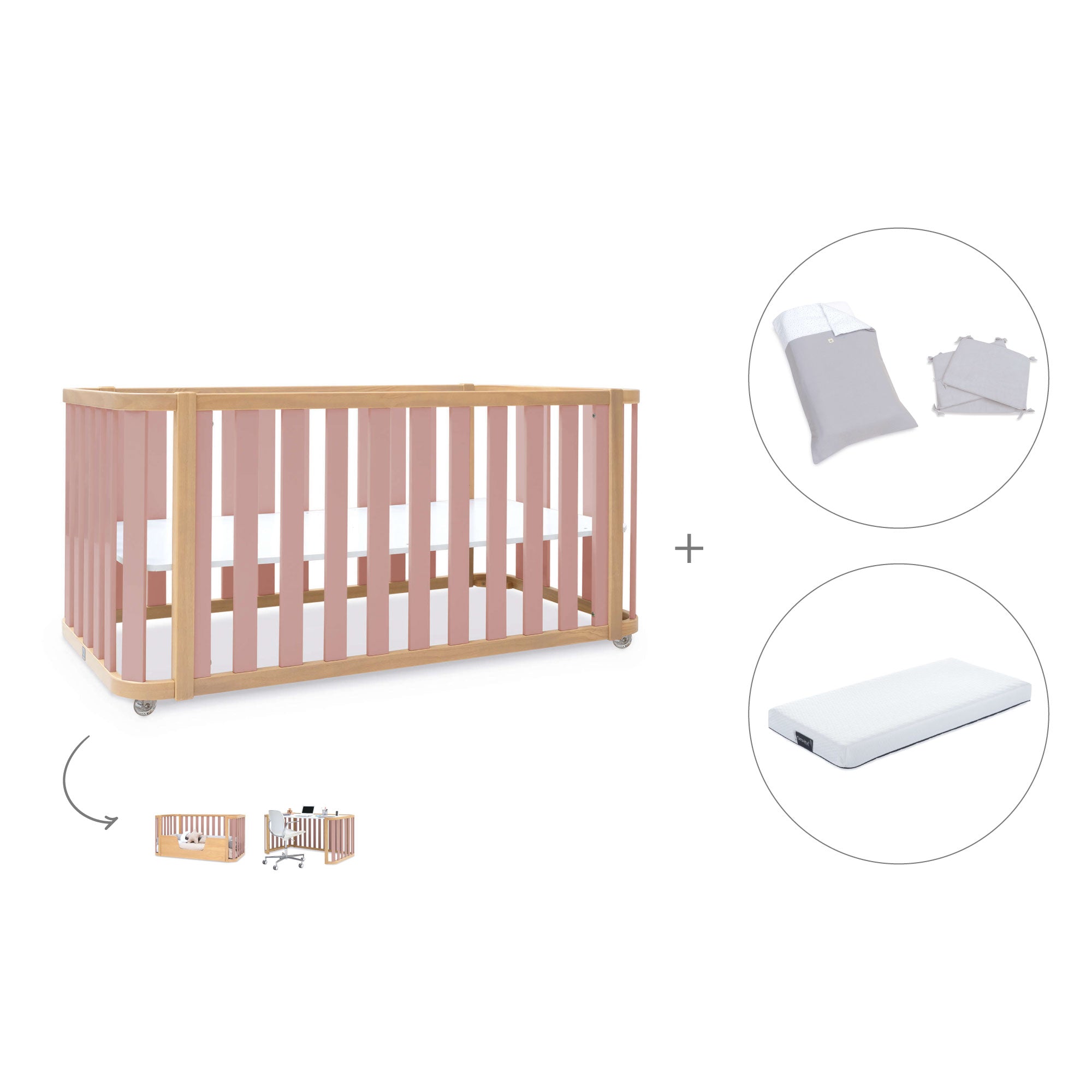 Cuna-cama-escritorio 70x140 cm (3en1) madera/rosa · Crea Plus Due C350-M5059