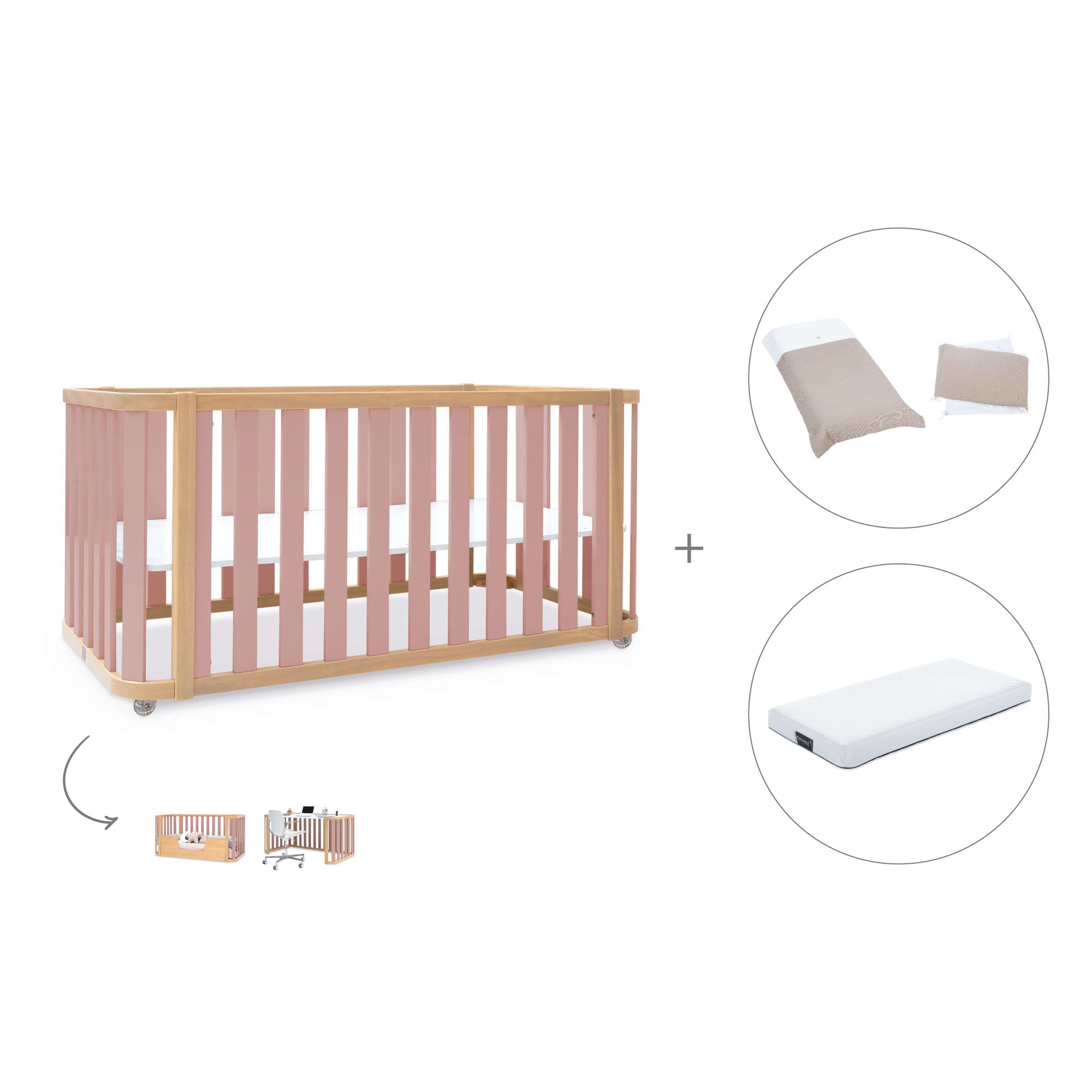 Cuna-cama-escritorio 70x140 cm (3en1) madera/rosa · Crea Plus Due C350-M5059