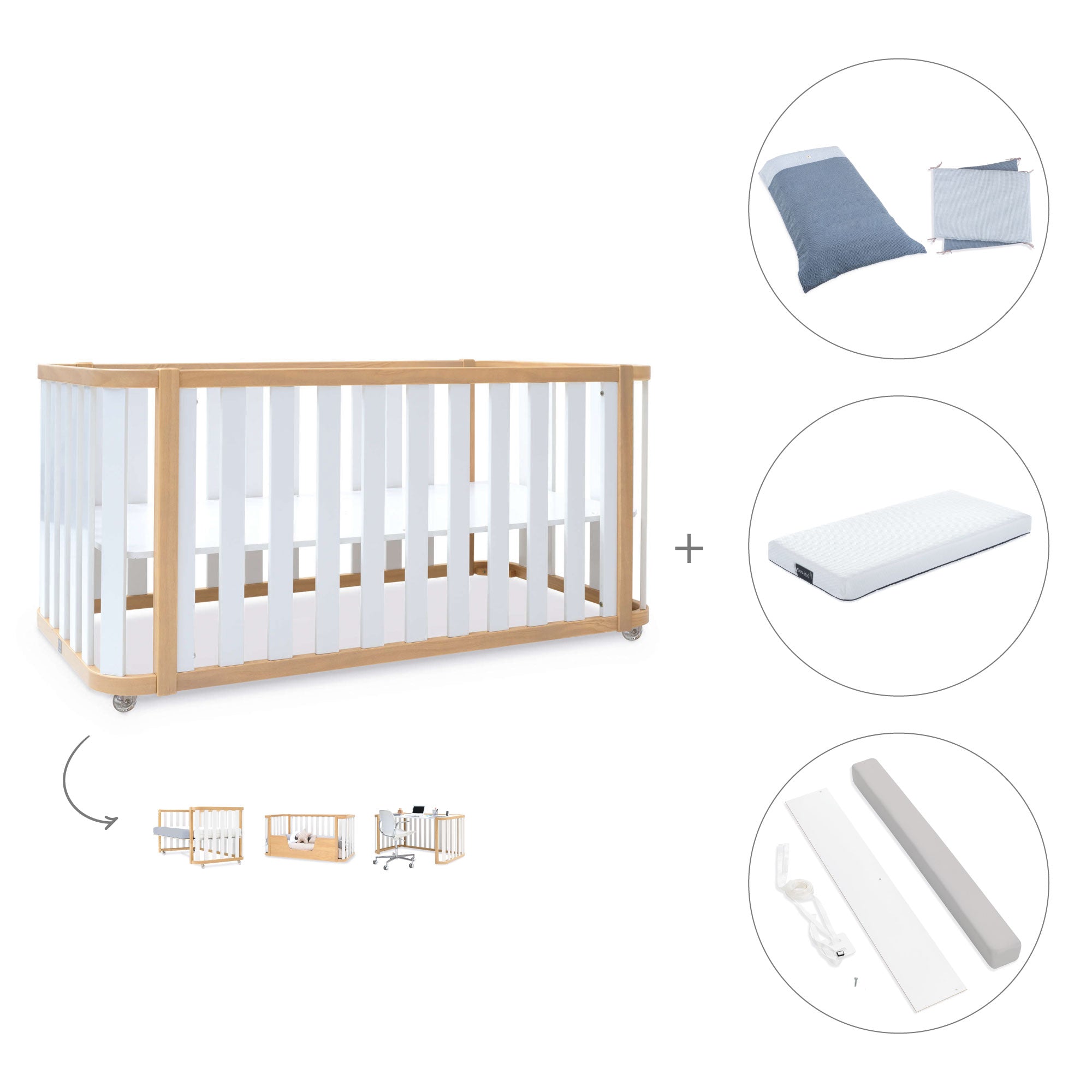 Cuna-cama-escritorio 70x140 cm (3en1) madera/blanco · Crea Plus Due C350-M5011