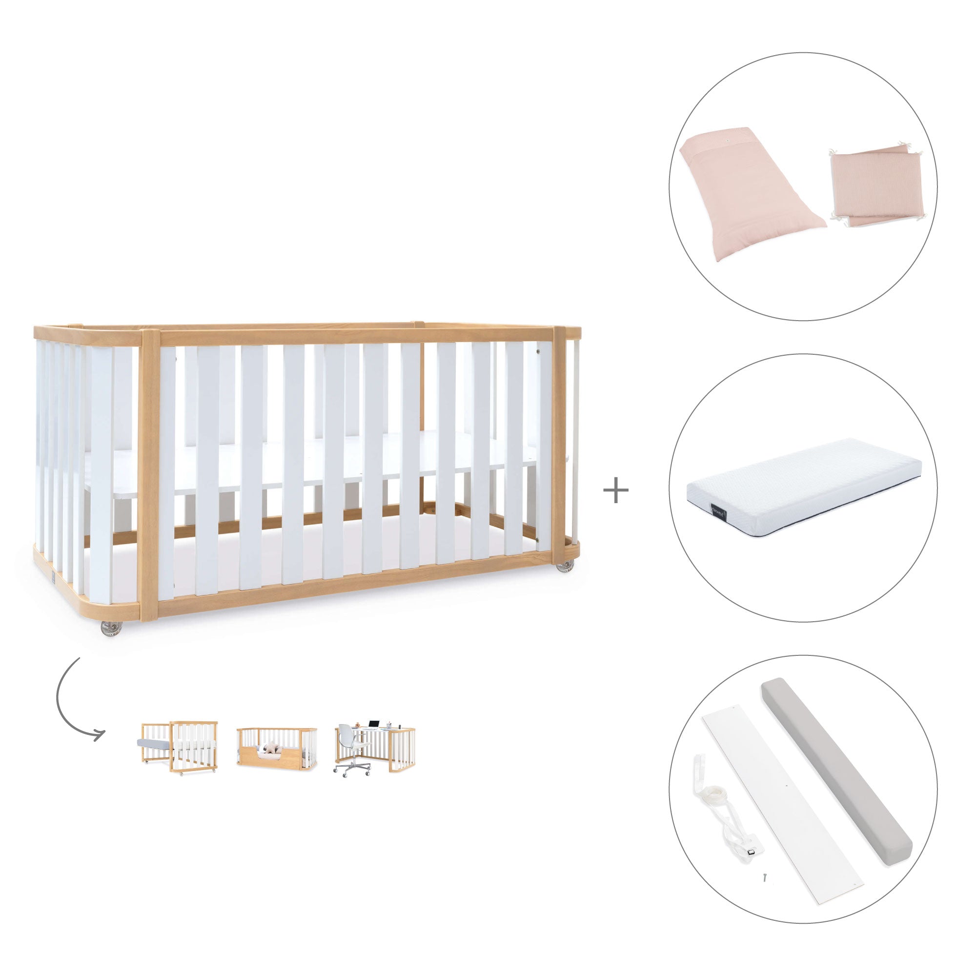 Cuna-cama-escritorio 70x140 cm (3en1) madera/blanco · Crea Plus Due C350-M5011